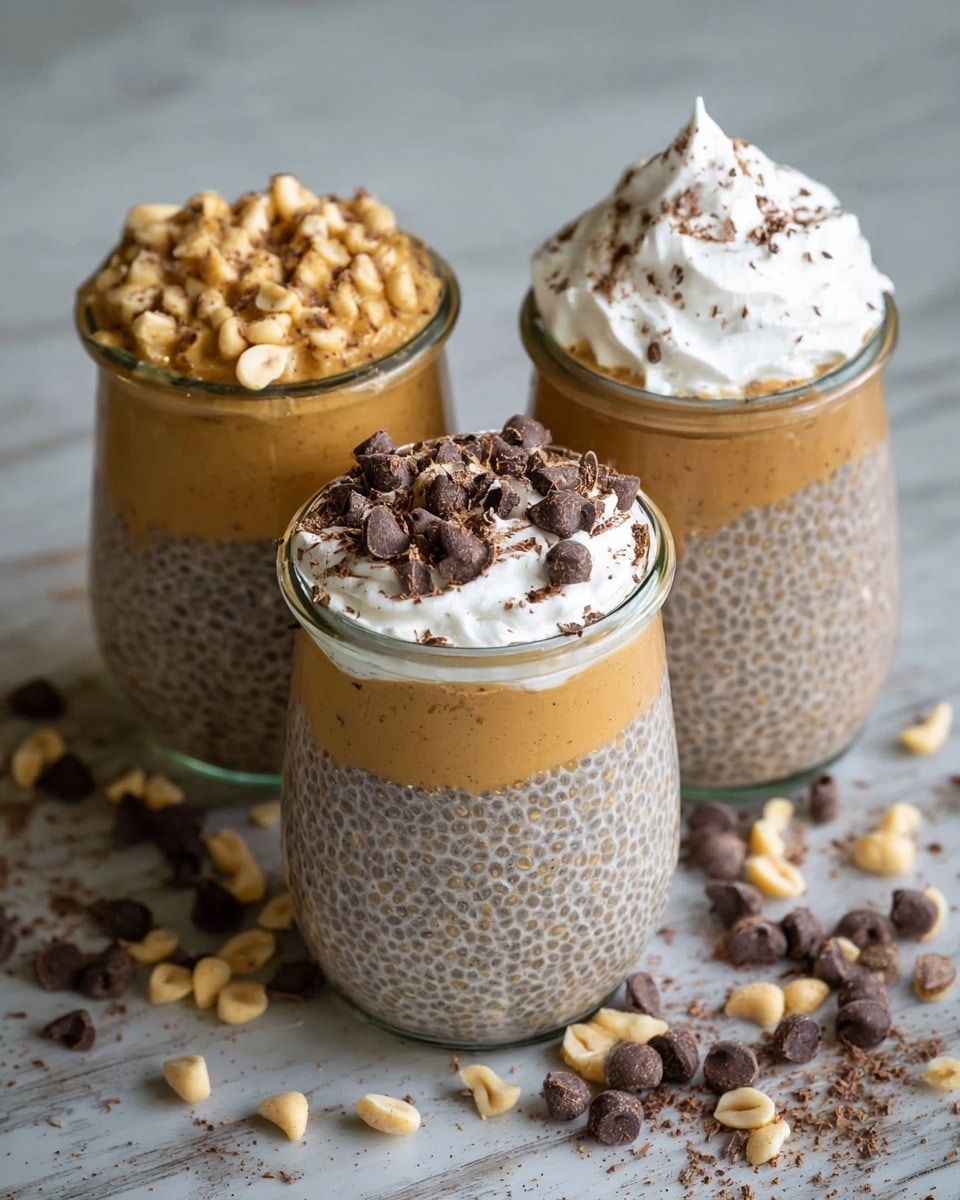 The image shows three small clear glass jars filled with three layers of dessert. The bottom layer is a smooth peanut butter colored cream, the middle layer is a thick oatmeal-like chia seed pudding with a brownish tone and visible seeds, and the top layer varies. Two jars have a topping of crushed peanuts and chocolate chips, while the third jar is topped with a generous swirl of white whipped cream sprinkled with chocolate shavings. The jars are arranged on a white marbled surface with scattered peanuts and chocolate pieces around them. Photo taken with an iphone --ar 4:5 --v 7
