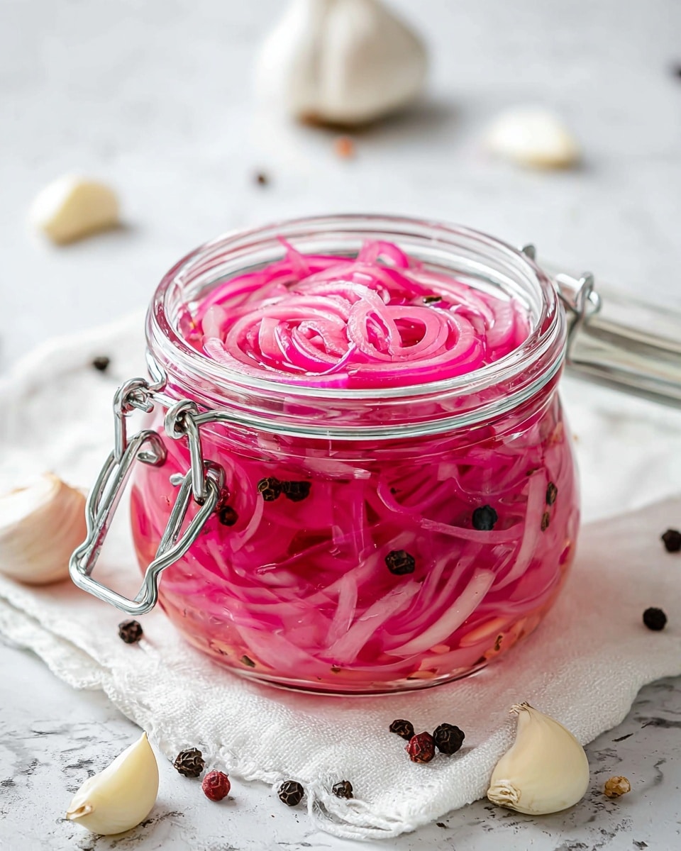 A clear glass jar filled with bright pink pickled onion slices, showing thin, curly layers of onions submerged in a clear liquid with small black peppercorns floating inside. The jar is placed on a soft white cloth atop a white marbled surface scattered with whole garlic cloves and mixed peppercorns. The jar's metal clasp is open, resting on the side. The scene is bright and fresh, with a focus on the texture of the onions and sharp colors. photo taken with an iphone --ar 4:5 --v 7