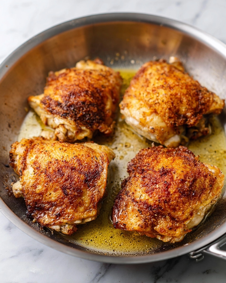 The image shows four pieces of golden brown, crispy chicken thighs cooking in a silver metal pan. Each chicken piece has a thick, crunchy skin with a textured, browned surface, and is arranged evenly inside the pan. The chicken skin has a mix of darker and lighter fried spots, giving a rich, toasted look. The pan's bottom has a thin layer of cooking oil that reflects light, highlighting the juicy cooking process. The background has a white marbled texture. Photo taken with an iphone --ar 4:5 --v 7