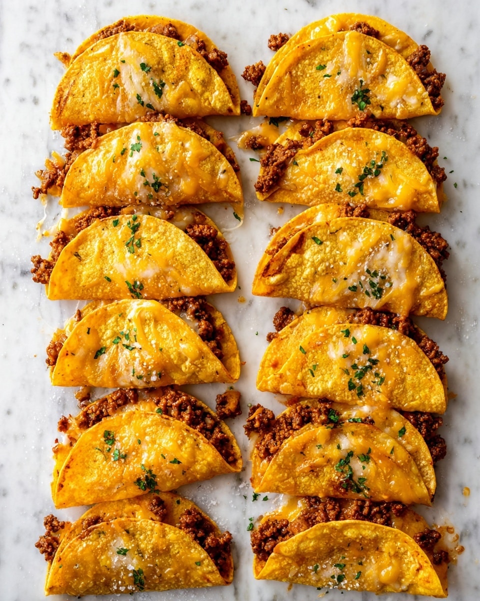 The image shows nine small tacos arranged neatly in three rows on a white marbled surface. Each taco is folded in half, revealing a filling that includes browned ground meat and melted cheese, which is golden and slightly crisped around the edges, spilling a little onto the surface. The taco shells are light golden yellow with a lightly crisp texture and sprinkled with small green herb pieces. Some coarse salt is visible on the shells, adding a bit of sparkle. The toppings and melted cheese layer create a rich, warm orange tone that contrasts with the bright yellow of the shells and the green garnish. photo taken with an iphone --ar 4:5 --v 7
