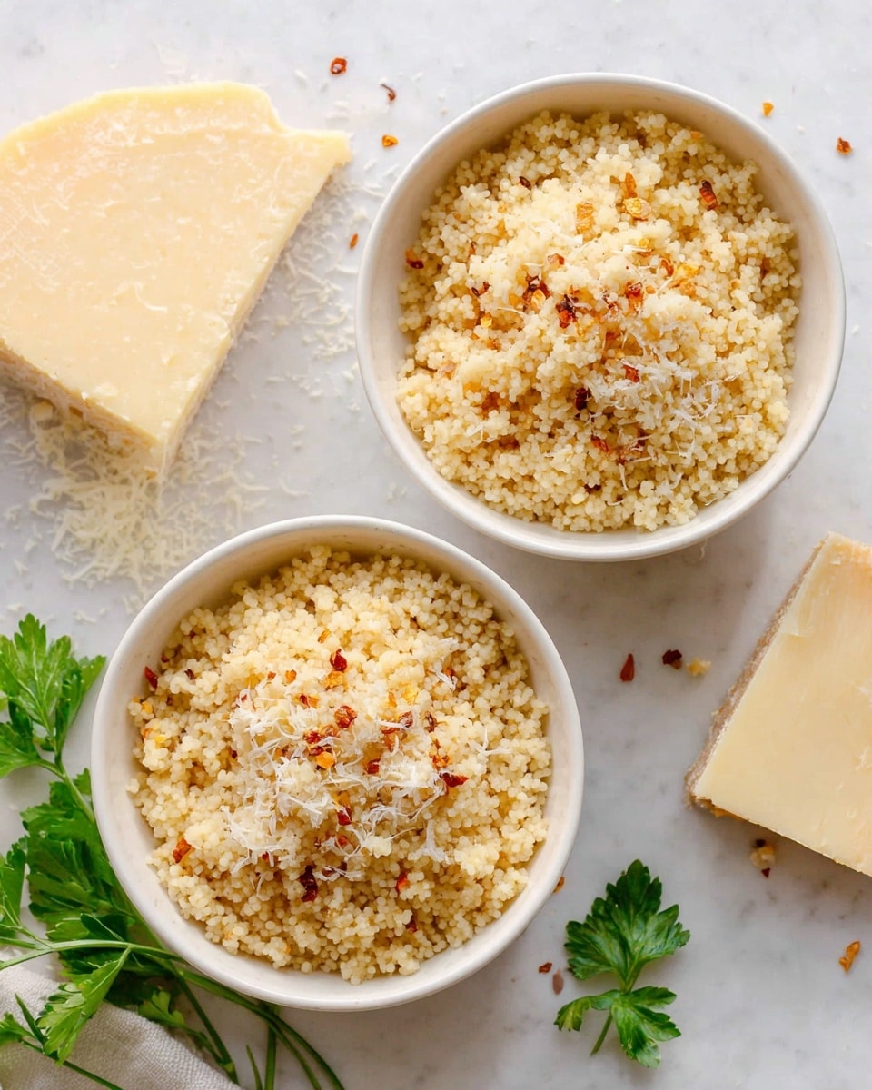 Two white bowls filled with small, round, light beige couscous grains are placed on a white marbled surface. Each bowl's couscous is topped with finely grated pale yellow cheese, adding a soft, textured layer. Small bits of red chili flakes are sprinkled lightly across the couscous, adding small red accents. To the side, there is a large wedge of pale yellow cheese with a slightly rough texture, and scattered green parsley leaves add a fresh touch to the scene. photo taken with an iphone --ar 4:5 --v 7