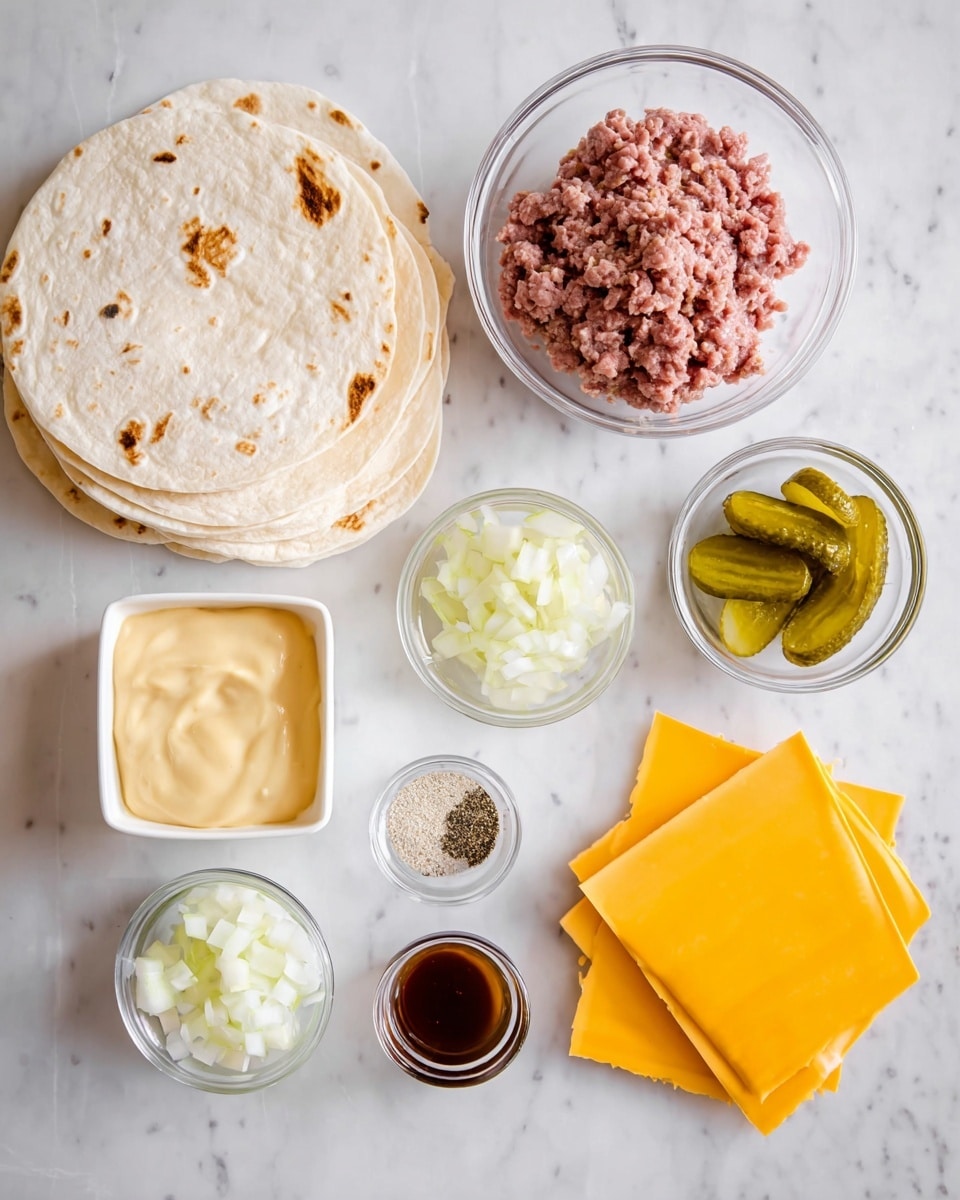 The image shows several cooking ingredients arranged on a white marbled surface: on the left, there is a stack of flat white tortillas with light brown spots; near the top center, a clear bowl filled with raw ground meat, pink and brown in color; below it, a white square bowl holding a pale yellow creamy sauce; to the right of the sauce, a small round clear bowl with sliced green pickles; next to the pickles, a small round clear bowl containing a mix of white salt, black pepper, and beige powder; at the bottom right, a stack of bright yellow cheddar cheese slices; and at the bottom left, another clear bowl with chopped white onions; in the center near the cheese, there is a small round bowl with a dark brown liquid. photo taken with an iphone --ar 4:5 --v 7