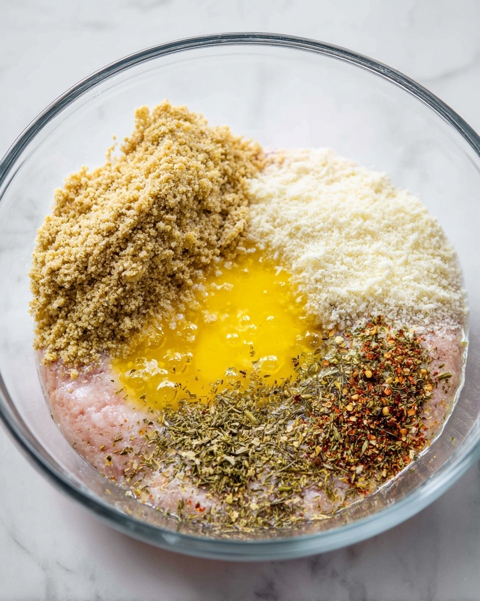 The image shows a clear glass bowl with five layers inside, sitting on a white marbled surface. The bottom layer is a light pink raw meat mixture, smooth and spread along the bottom edges. Above this, there is a mound of light brown breadcrumbs on the left side, coarse in texture. On the right side, there is a soft pile of white grated cheese. Next to the cheese, towards the top-middle area, is a pool of bright yellow beaten egg with visible bubbles. Finally, sprinkled over the center bottom part of the bowl is a mix of dried herbs and crushed red pepper flakes with green, red, and brown tones. Photo taken with an iphone --ar 4:5 --v 7