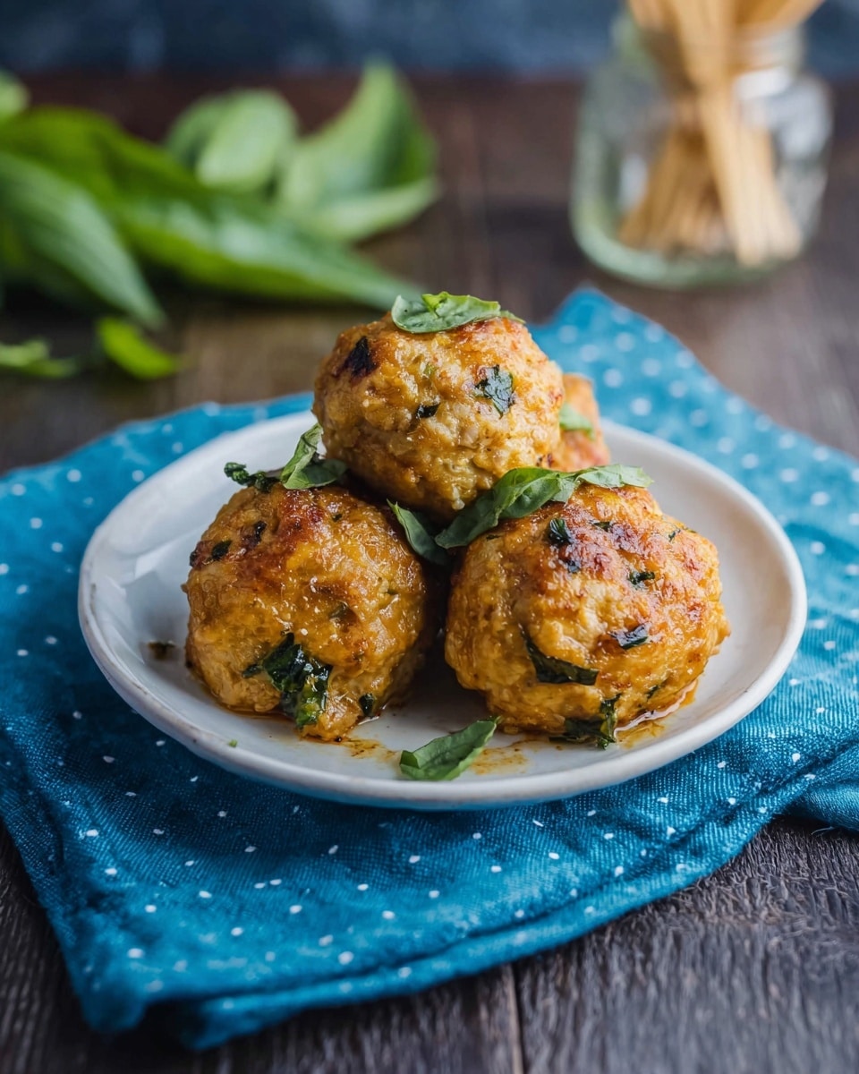 Three round, golden-brown meatballs with a slightly rough texture sit on a small, white plate. The meatballs have bits of green herbs mixed in and are topped with small pieces of fresh green basil. The plate rests on a folded blue cloth with white dots, placed on a dark wooden surface. In the background, there are blurred green leaves and a jar with toothpicks. Photo taken with an iphone --ar 4:5 --v 7