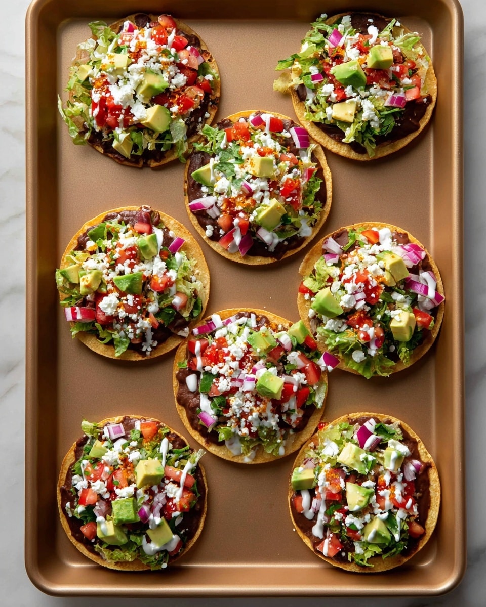 Eight small round tostadas with a crisp golden base sit on a baking tray. Each tostada has a first layer of dark brown refried beans spread evenly. The second layer is chopped green lettuce, followed by diced red tomatoes and finely chopped red onions, adding bright colors and fresh textures. There are scattered cubes of light green avocado on top, along with a sprinkle of white crumbly cheese. A drizzle of white sauce adds contrast, with some touches of orange hot sauce visible on a few tostadas. The background has a clean white marbled surface. Photo taken with an iphone --ar 4:5 --v 7
