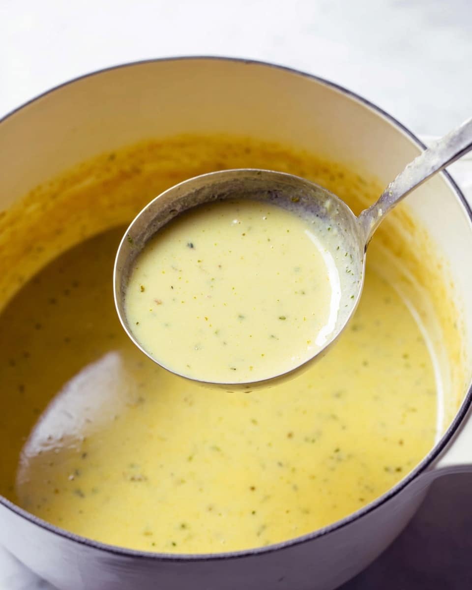 A large white pot filled with creamy, pale yellow soup with small green and black specks. A silver ladle is lifted above the pot, filled with the same smooth soup, showing its thick texture. The edge of the pot has a soft rim and is set against a white marbled surface. The lighting is bright and natural, highlighting the creamy consistency of the soup. photo taken with an iphone --ar 4:5 --v 7