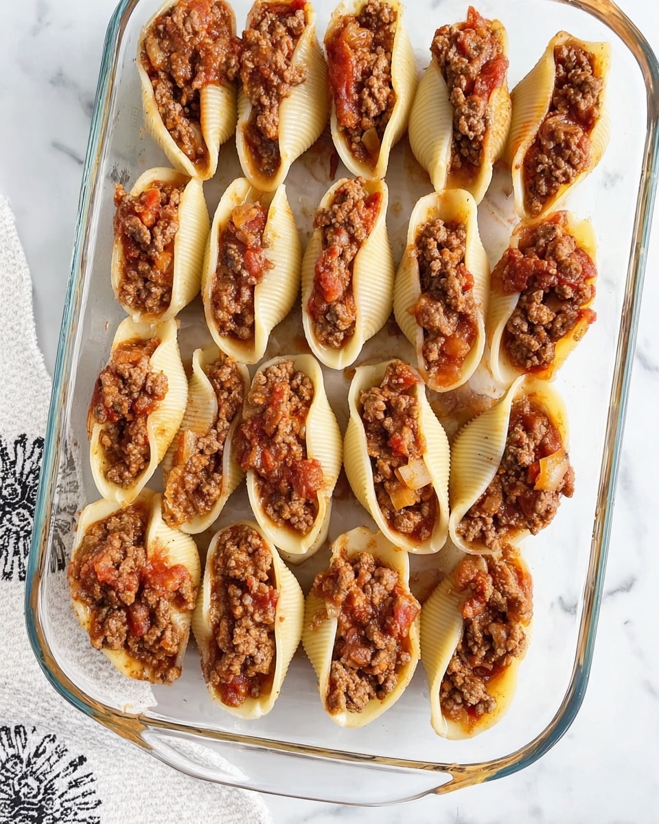 A clear glass baking dish filled with two rows of large white pasta shells, each shell stuffed with a browned, crumbly meat sauce that has visible small chunks of tomato and onion mixed in, giving the filling a reddish-brown color with a slightly oily texture. The shells are arranged close to each other covering the entire dish evenly. The background is a white marbled surface, and a white cloth with black patterns partially appears at the bottom left corner of the image. photo taken with an iphone --ar 4:5 --v 7