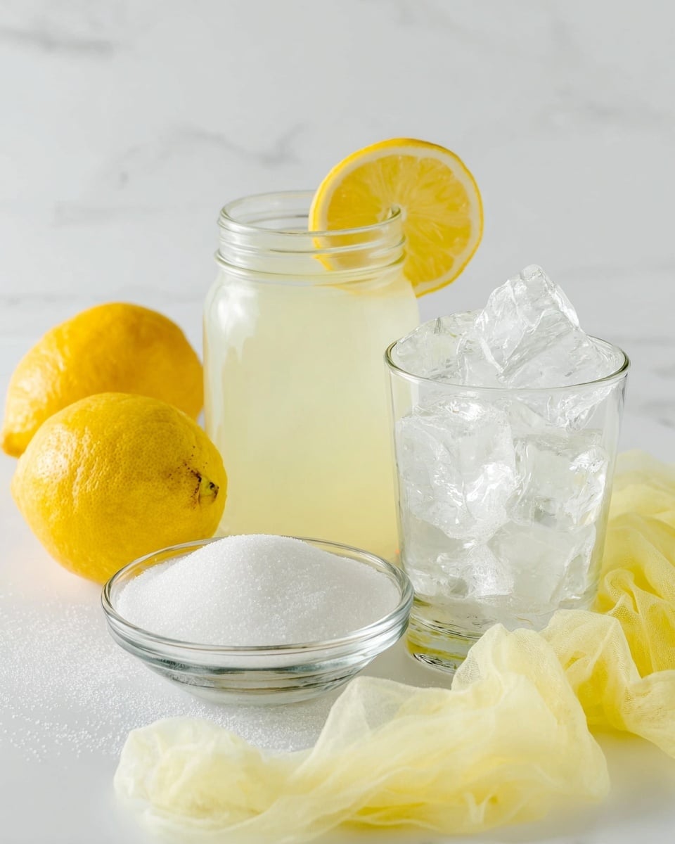 A clear glass jar filled with pale yellow lemonade sits slightly left center, with a fresh lemon slice placed on its rim. Behind the jar, three whole bright yellow lemons add color to the white marbled surface. To the right of the jar, there is a clear glass tumbler filled with shiny, large ice cubes, with some ice spilling onto the surface. In front of the ice glass, a small clear bowl holds white granulated sugar. Soft yellow cheesecloth is spread loosely across the front bottom of the frame, adding a delicate texture. The overall setting is bright and clean with a simple, fresh look. photo taken with an iphone --ar 4:5 --v 7