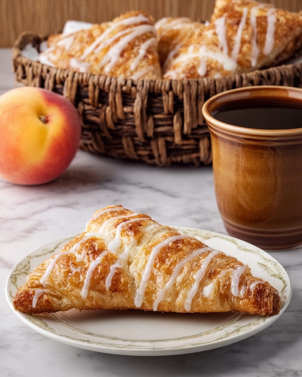 A triangular pastry with a golden brown, flaky texture sits in the middle of a white plate, topped with thin white icing drizzles. Behind the plate, there is a basket filled with more pastries, showing a soft brown woven pattern. To the left of the plate, a fresh peach with fuzzy skin is placed on a white marbled surface. On the right side, there is a brown and tan ceramic cup filled with dark coffee. The whole setting is arranged on a white marbled texture. Photo taken with an iphone --ar 4:5 --v 7