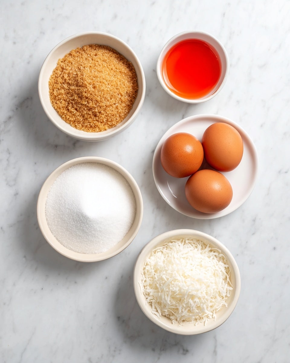 The image shows five small white bowls on a white marble surface, each containing different ingredients. The top left bowl holds light brown sugar with a grainy texture. Next to it, on the top right, is a small bowl with bright red-orange liquid. Below these, a round white bowl has three brown eggs placed together. To the right of the eggs, there is a bowl filled with white granulated sugar. The last bowl, at the bottom right, contains a fluffy, white shredded ingredient resembling coconut. The layout is neat and visually balanced. Photo taken with an iphone --ar 4:5 --v 7