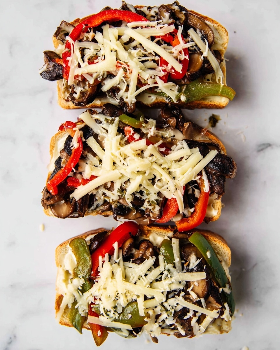Three open sandwiches are placed one above the other on a white marbled surface. Each sandwich has a base layer of soft toasted bread with a light golden crust. On top, there is a thick layer of cooked dark brown mushrooms and sautéed sliced peppers in red and green, mixed with some light yellow sautéed onions. The top layer is sprinkled with shredded pale yellow cheese, scattered unevenly over the vegetables. The sandwiches are close together, showing the colorful vegetable mix and melted cheese textures clearly. photo taken with an iphone --ar 4:5 --v 7
