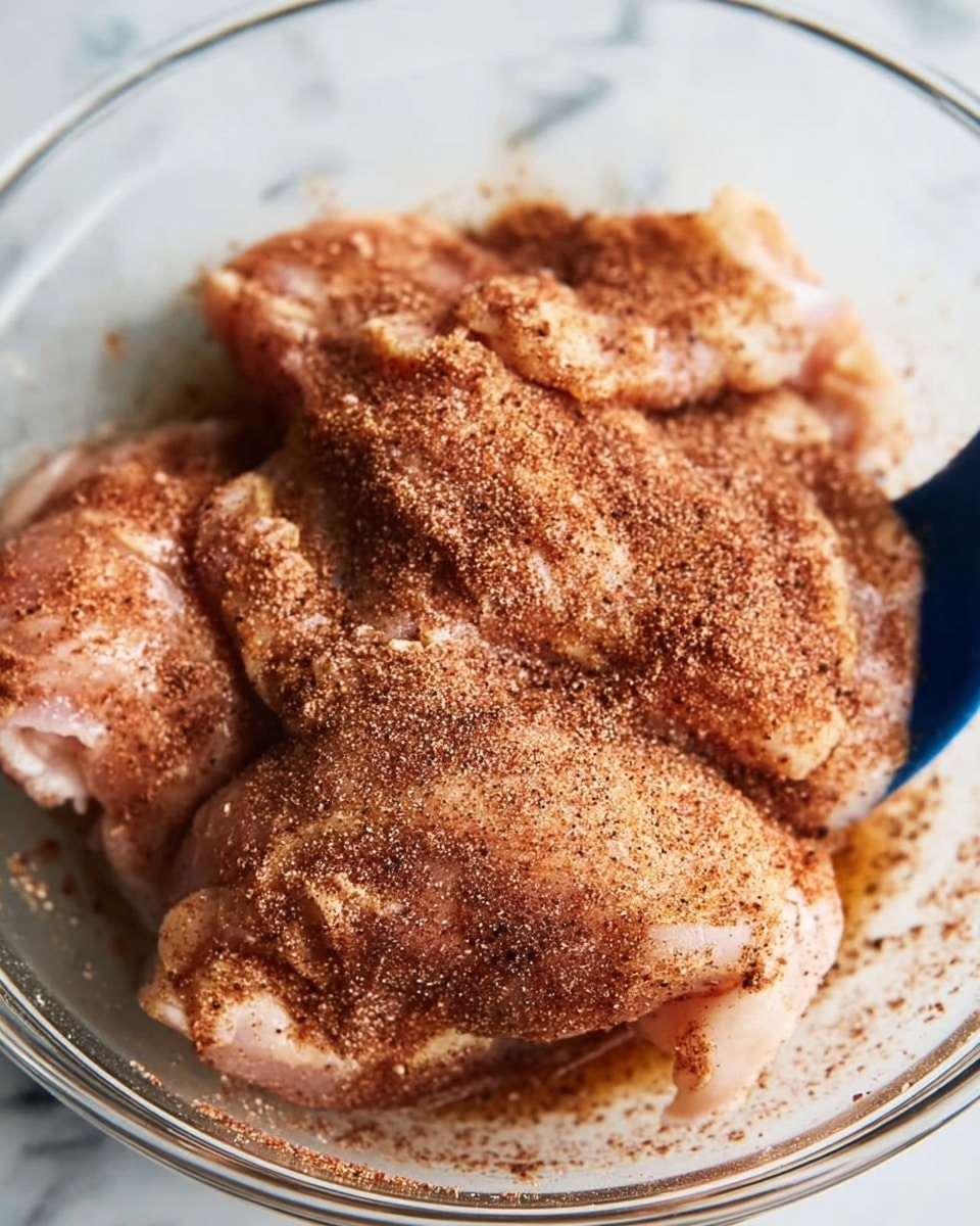 The image shows several raw pieces of chicken placed in a clear glass bowl on a white marbled surface. The chicken is covered with a layer of brownish-red spice mix, dusted evenly on top, giving the pieces a rough textured look. The pieces are close together, filling the bowl, with some parts having a more concentrated spice coating. A blue spatula is partially visible at the edge of the bowl, blending with the scene. The lighting is soft and natural, highlighting the moist texture of the chicken and the fine grain of the spices. photo taken with an iphone --ar 4:5 --v 7