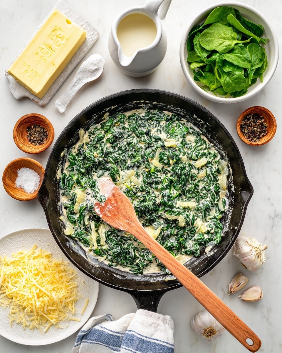 A black skillet filled with a creamy spinach dish that has visible chopped green spinach and white creamy sauce mixed with light yellow thin slices of onions spread evenly across the skillet. A wooden spatula with a smooth texture rests inside the skillet, partially covered with the spinach mixture. Around the skillet, there are several ingredients arranged on a white marbled surface: a small white bowl with cooked bright green spinach leaves, a rectangular stick of unsalted yellow butter in wrapper, a white ceramic jug with milk, a small wooden bowl with light brown seasoning, another small wooden bowl with black peppercorns, a wooden bowl with coarse salt, two garlic cloves in a small wooden dish, and a white plate with a block of yellow cheese and shredded cheese. A white cloth with blue stripes is partially placed underneath the skillet handle. Photo taken with an iphone --ar 4:5 --v 7