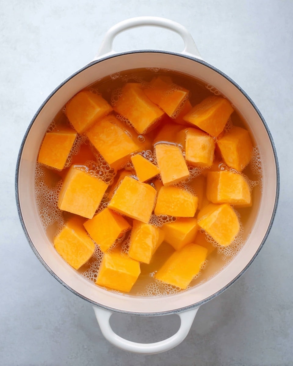 A top-down view of a white pot filled with water and large chunks of bright orange sweet potatoes submerged inside. The water is clear with a few bubbles visible near the surface around the sweet potato pieces. The pot has a simple white handle visible at the top and bottom edges of the image. The pot rests on a smooth white marbled surface that contrasts softly with the vibrant color of the sweet potatoes inside. photo taken with an iphone --ar 4:5 --v 7