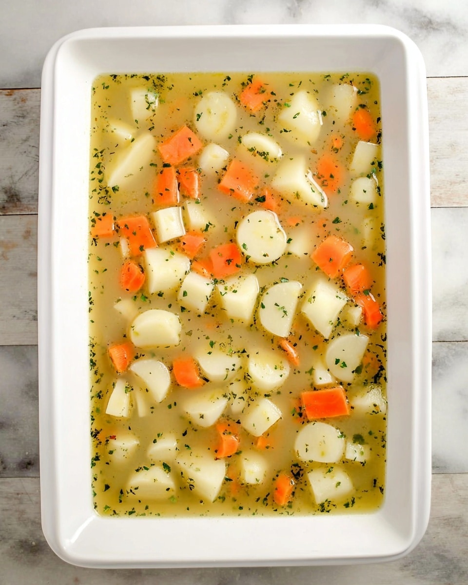 A white rectangular dish filled with a clear broth soup containing chunks of white and orange vegetables, likely parsnips and carrots. The soup is light yellowish with visible small green herb flakes sprinkled throughout. The white vegetables are chopped into round and cube pieces, while the orange vegetable pieces are smaller and mixed evenly across the broth. The dish is placed on a white marbled surface. photo taken with an iphone --ar 4:5 --v 7