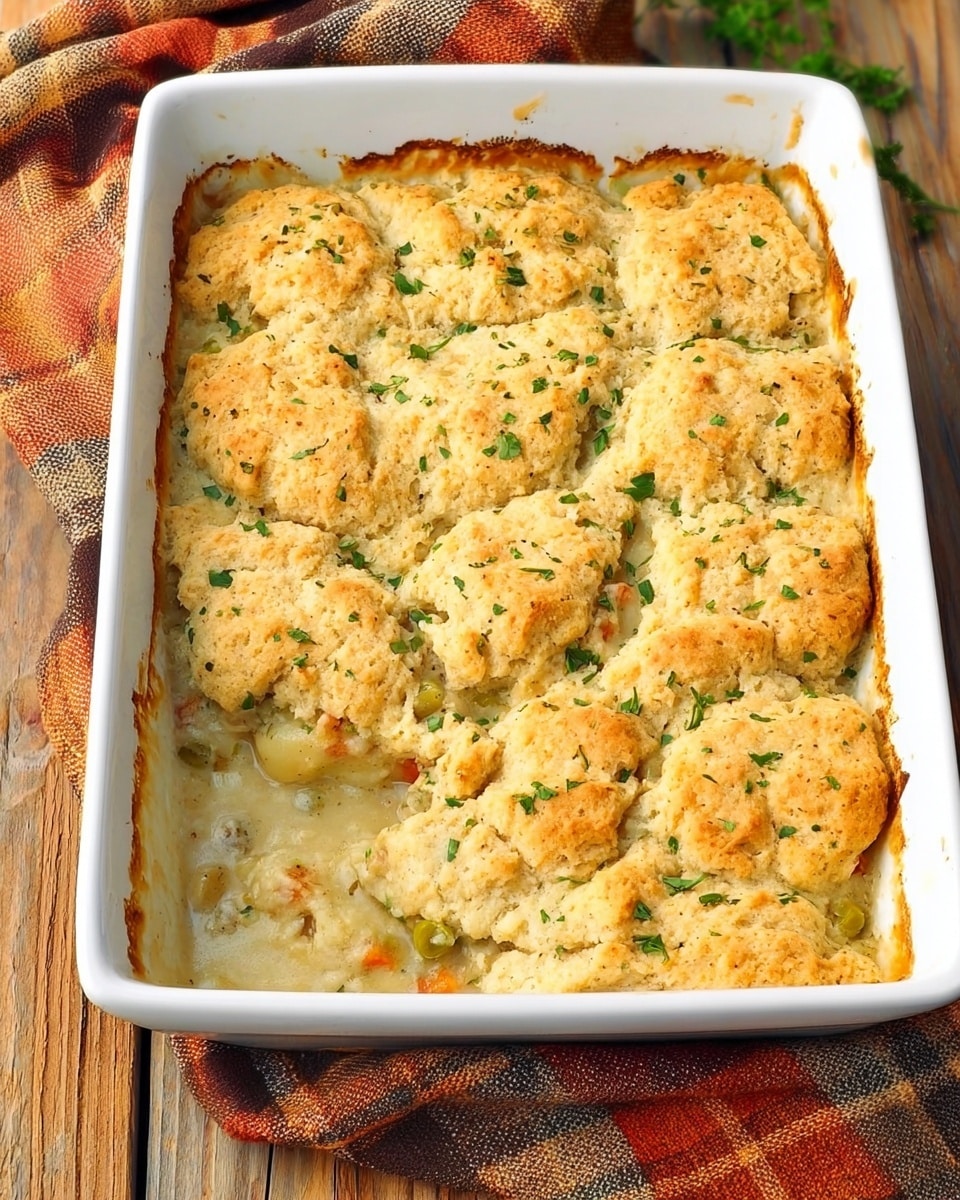 A white rectangular baking dish filled with a baked casserole that has a golden, slightly cracked biscuit-like crust on top. The crust is uneven with a light yellowish color and is sprinkled with small green herb pieces. Beneath the crust, a creamy mixture is visible at the edges with soft chunks that appear to be vegetables or protein, in light colors including pale yellow and white with a hint of orange or pink. The dish is placed on a wooden surface with a folded orange, brown, and white plaid cloth next to it. photo taken with an iphone --ar 4:5 --v 7