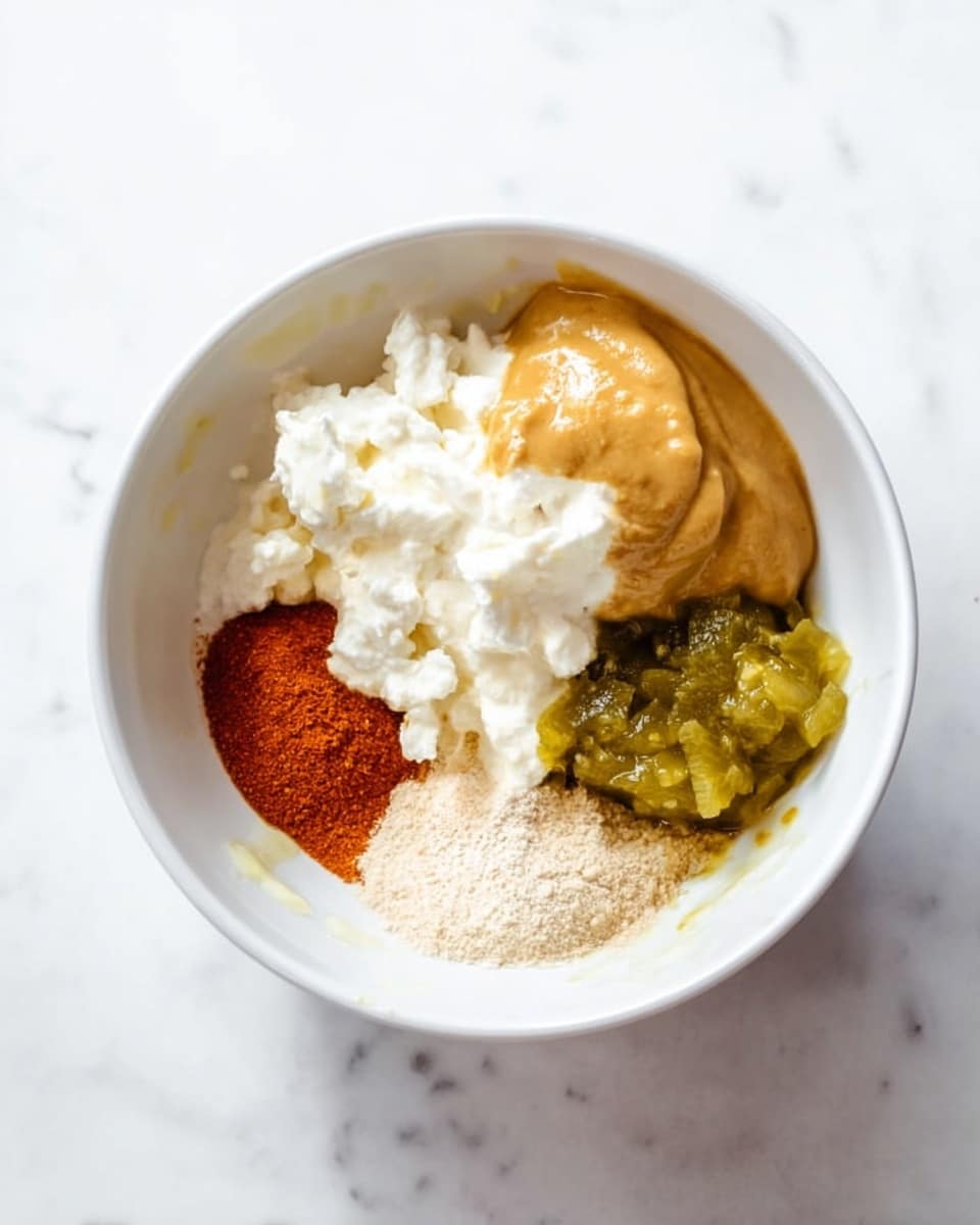 A white bowl on a white marbled surface holds six separate ingredients: smooth mustard-colored mustard, creamy white cottage cheese, bright green relish, a few powder spices including light beige and reddish paprika-like powders, all arranged in small piles without mixing. The bowl is viewed from above with even lighting, showing clear colors and soft textures of each ingredient. Photo taken with an iphone --ar 4:5 --v 7