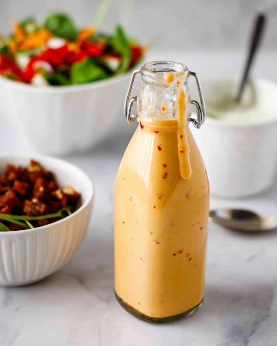 A clear glass bottle filled with a creamy light orange sauce that has small red and green flecks inside, with some sauce dripping down the side of the bottle's neck. The bottle is placed on a white marbled surface, and in the background, there are three white bowls: one with a colorful salad topped with the same sauce, one with chopped brown pieces, and one with a spoon and a white creamy substance. All items are arranged in soft focus creating a fresh and clean look photo taken with an iphone --ar 4:5 --v 7
