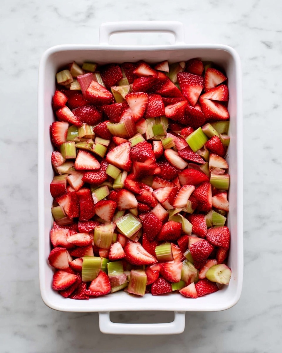 A white rectangular baking dish filled evenly with a single layer of mixed sliced strawberries and rhubarb pieces. The strawberries are bright red with a juicy texture, and the rhubarb pieces are pale green with hints of pink, both cut in small chunks and scattered together. The dish is set on a white marbled surface. photo taken with an iphone --ar 4:5 --v 7