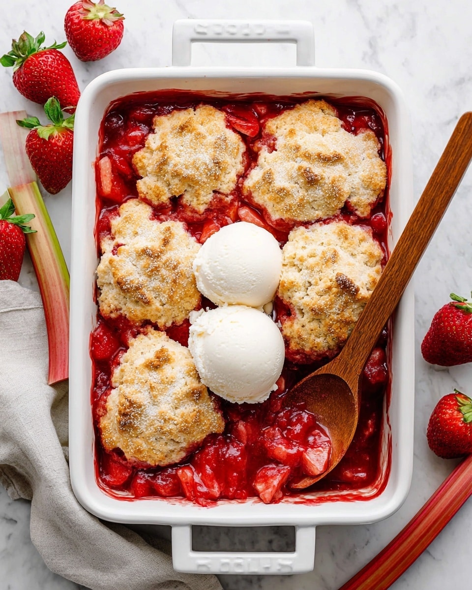 A white rectangular baking dish filled with a bright red strawberry rhubarb filling that looks thick and juicy as the bottom layer. On top, there are seven golden brown biscuit-like dollops with a crumbly texture and a light dusting of sugar. Three smooth, white scoops of vanilla ice cream rest on the lower right biscuits, gently melting into the fruit. A wooden spoon is dipped into the dish near the top center, slightly lifting part of a biscuit and some red fruit filling. Around the dish, some fresh strawberries and rhubarb sticks are placed on a white marbled surface. photo taken with an iphone --ar 4:5 --v 7