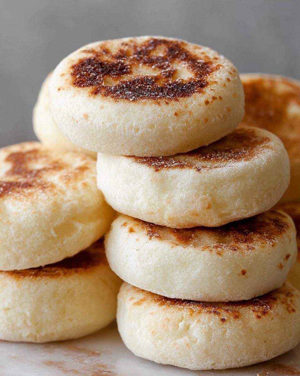 The image shows a close-up of a stack of English muffins arranged in two piles. Each English muffin has two layers: a light, fluffy white dough base with a slightly rough, grainy texture and a top surface that is golden brown with toasted speckles. The muffins appear soft and thick, with an uneven, natural shape around the edges. The background is a white marbled texture. photo taken with an iphone --ar 4:5 --v 7