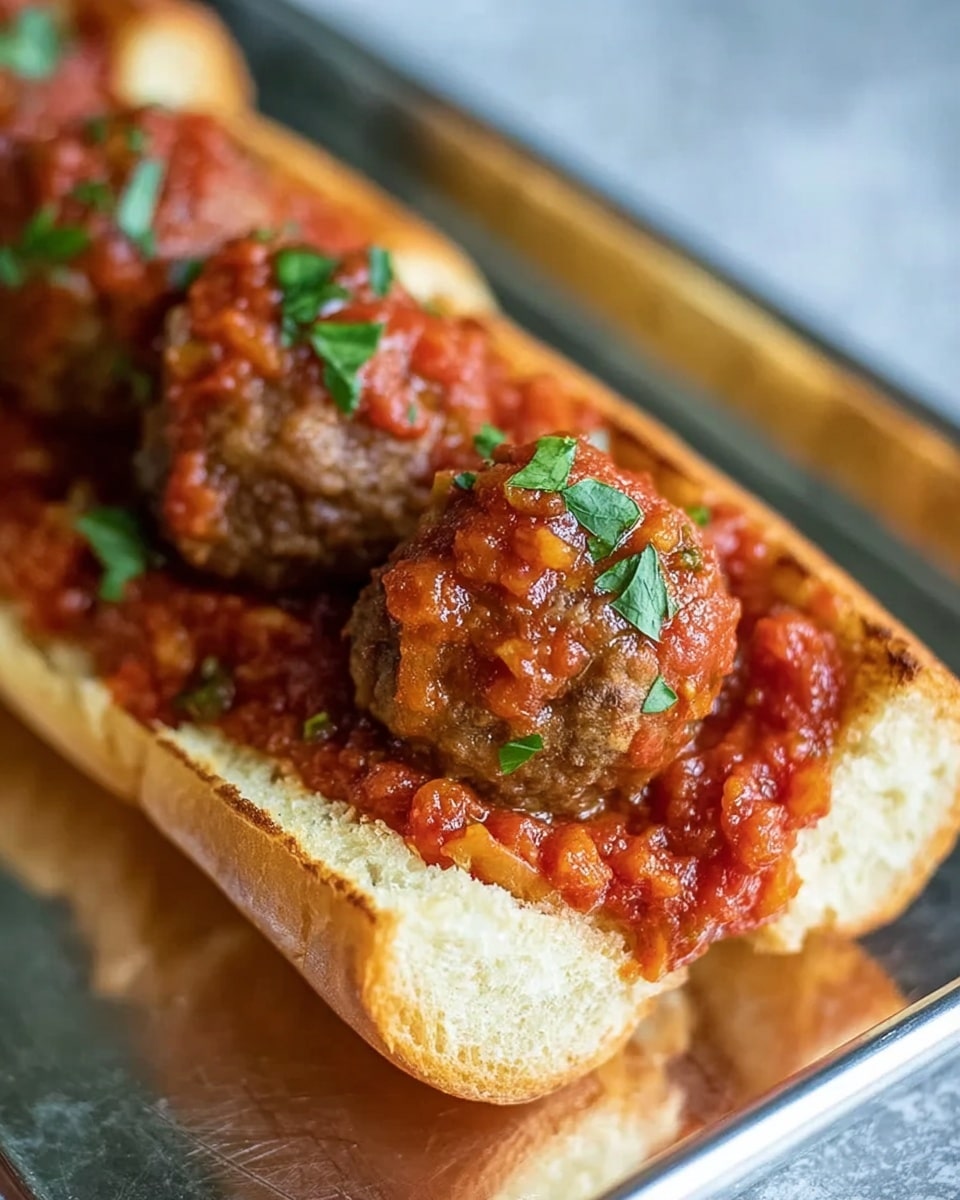 The image shows a sandwich with three large meatballs placed in a row inside a toasted, golden brown bun. Each meatball is covered with thick, chunky red tomato sauce that has small bits of herbs and vegetables, and some green parsley leaves are sprinkled on top. The sandwich sits on a shiny tray, with a clear focus on the sandwich's textures and colors. The background is soft and out of focus, highlighting the sandwich. photo taken with an iphone --ar 4:5 --v 7
