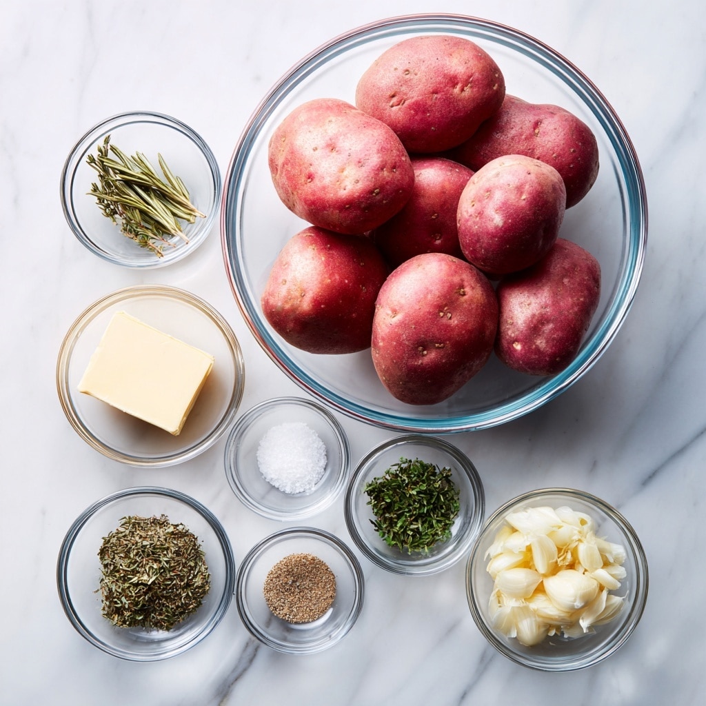 A clear glass bowl filled with around nine red potatoes sits on a white marbled surface. Below it, seven small clear glass bowls are arranged in two rows: the first row has butter in a single large piece on the left, salt in the middle, and thyme on the right, all with white labels. The second row features rosemary on the left, pepper in the middle, parsley on the left below that, and minced garlic on the right. Each bowl clearly shows its ingredient with simple textures and natural colors. photo taken with an iphone --ar 4:5 --v 7