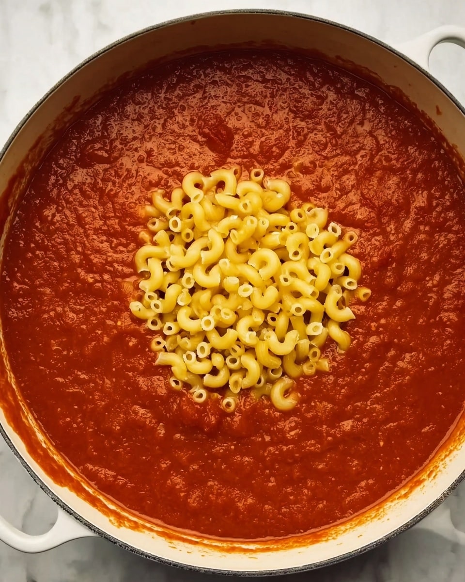 A large white pot filled with thick red tomato sauce, with small chunks visible throughout. In the center, a pile of uncooked elbow macaroni pasta sits on top of the sauce, showing a bright yellow color and smooth texture. The pot is set on a white marbled surface. photo taken with an iphone --ar 4:5 --v 7