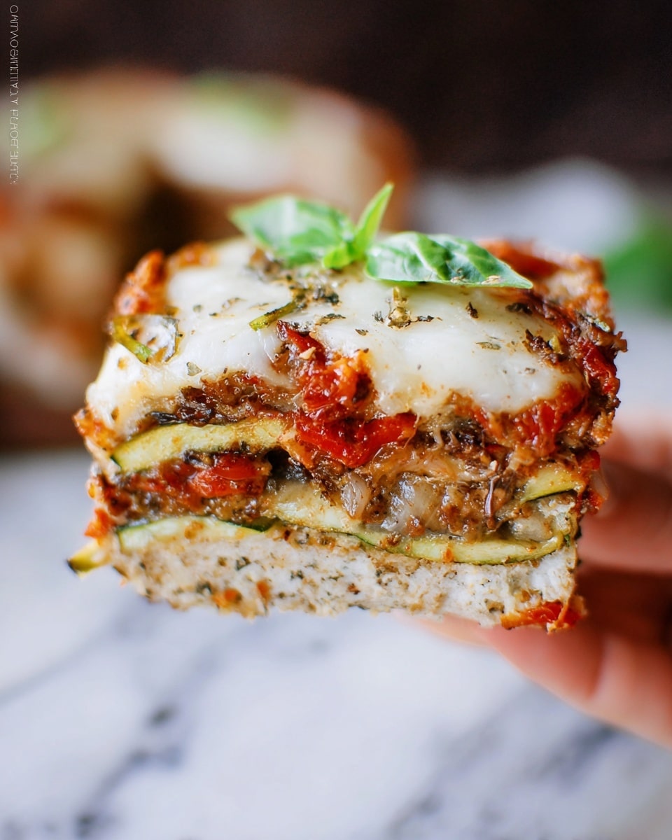 This image shows a thick slice of layered vegetable dish held up close by a woman's hand, with a soft blurry background. The slice has multiple layers: a light beige bread or dough base with specks of herbs, a layer of cooked green zucchini, topped by a mix of rich red cooked tomatoes and brownish baked onions, sprinkled with black pepper and herbs. The top layer is melted off-white cheese that looks soft and slightly stretched, with hints of bubbling and light browning. A small green basil leaf is placed on top for garnish. The overall colors are warm and earthy with a fresh green touch, set against a white marbled surface. photo taken with an iphone --ar 4:5 --v 7