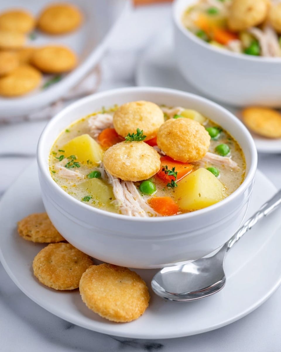 A white pot filled with soup that has a yellowish broth with herbs floating in it. Inside the soup, there are small round orange carrot slices, bright green peas, yellow corn kernels, and shredded light-colored meat. A wooden spatula with a white handle rests inside the pot, slightly stirring the soup. The pot is on a white marbled surface. photo taken with an iphone --ar 4:5 --v 7