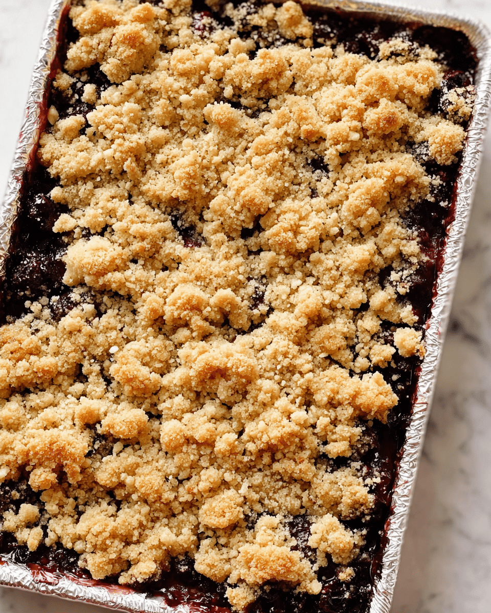The image shows a rectangular dessert with two main layers. The bottom layer is dark purple, soft, and looks like cooked berries. The top layer is a crumbly, golden-brown streusel that covers the whole surface with small and large crumbs, adding a rough texture. The dish is in a foil-lined white pan, placed on a white marbled background. The colors contrast well, with the dark purple under a light, crumbly tan layer, making it look warm and fresh. photo taken with an iphone --ar 4:5 --v 7
