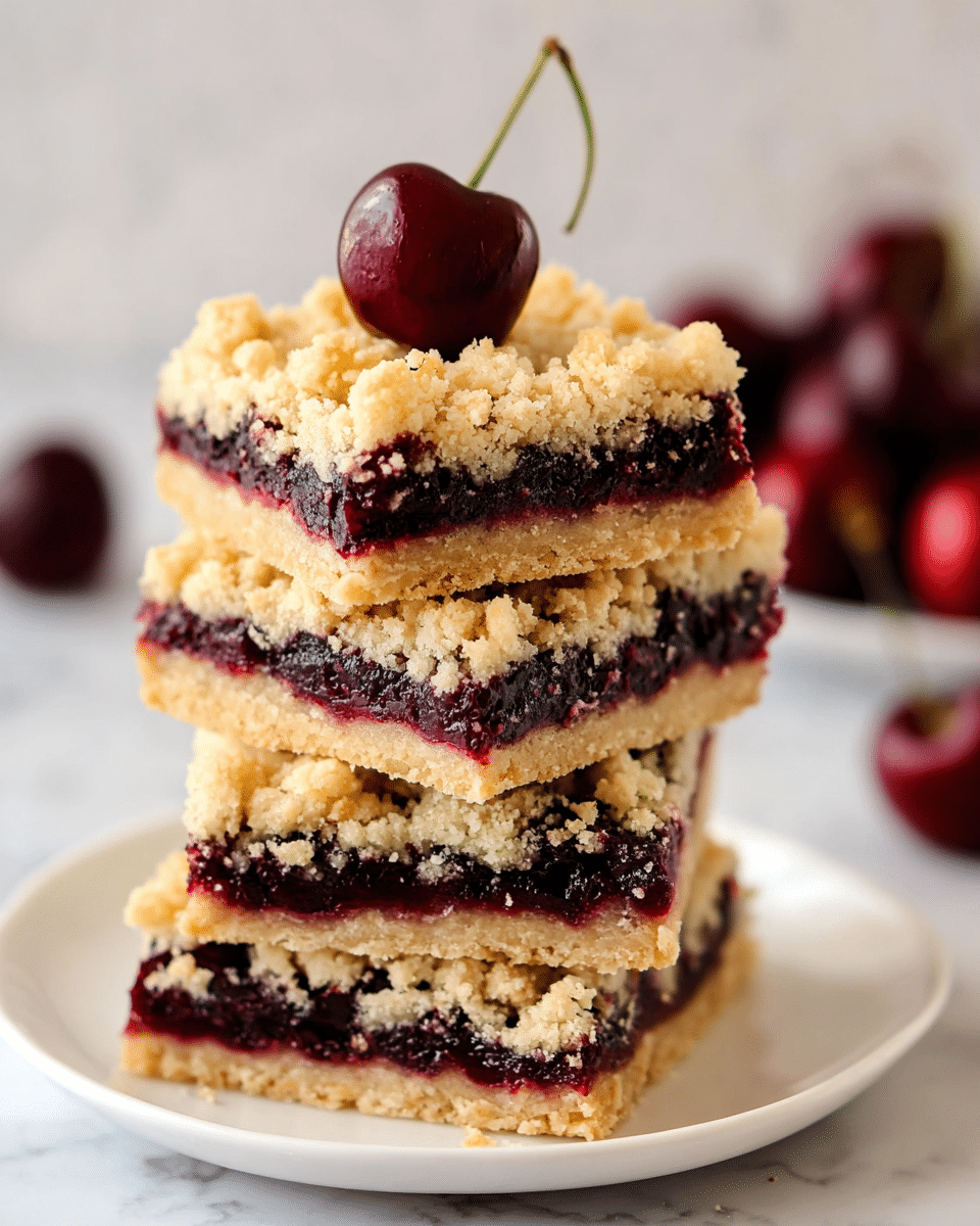 The image shows a stack of four square dessert bars on a white plate, placed on a white marbled surface. Each bar has three layers: a golden crumbly base, a thick dark red cherry filling in the middle, and a crumbly topping that is light golden with a rough texture. On top of the stack, there is one fresh dark red cherry with a long green stem. In the background, there are more cherries slightly out of focus. The photo taken with an iphone --ar 4:5 --v 7