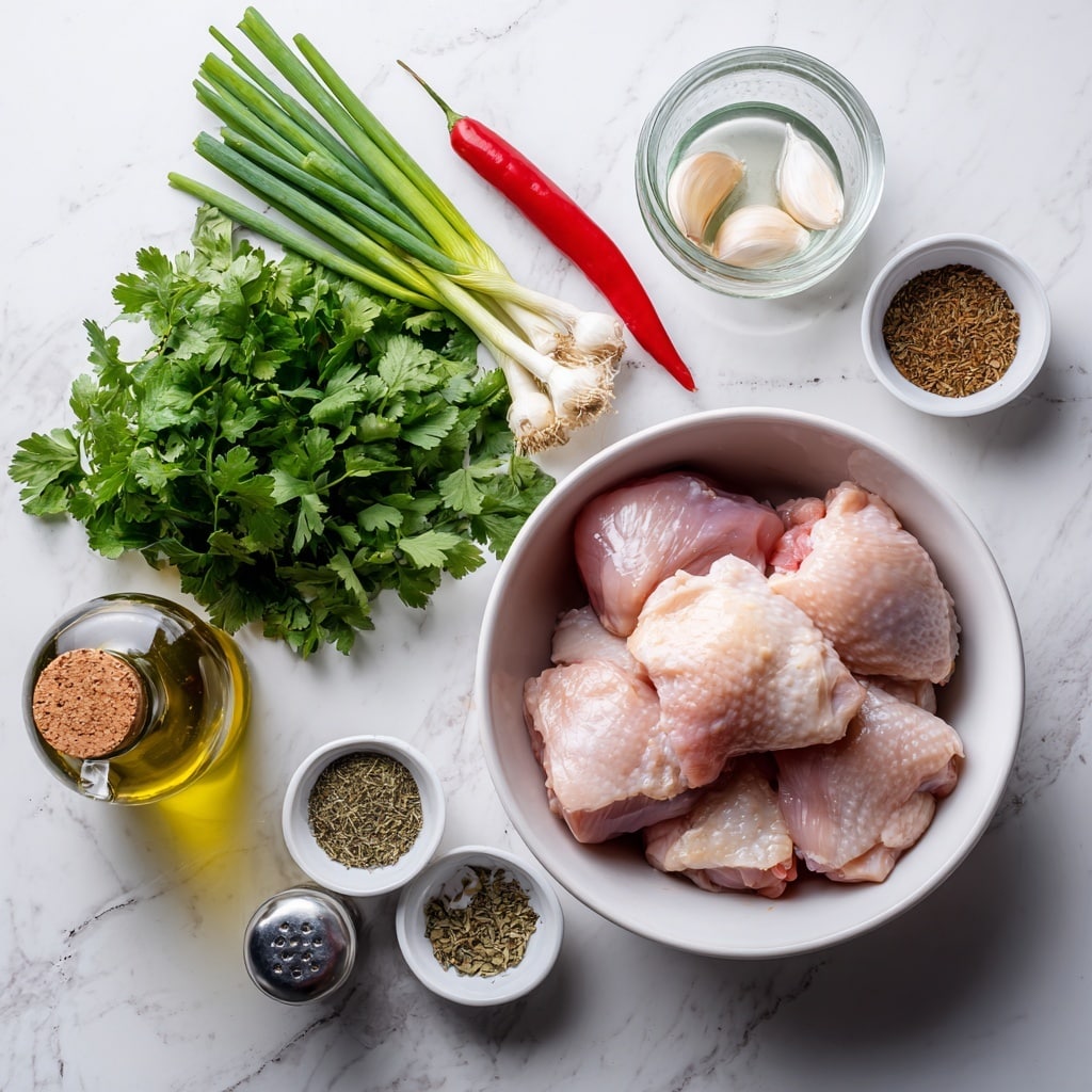 The image shows raw chicken pieces in a white bowl on the lower right, with smooth, pale pink skin and some visible texture. To the left of the bowl lie long, bright green onion stalks with white bases, alongside fresh cilantro and curly parsley bunches with rich green leaves. Above these herbs, there is a single bright red chili pepper. On the upper right, three peeled garlic cloves are next to a clear small jar of white vinegar, and two small white bowls holding brownish dried oregano and dried basil herbs. At the bottom left are a glass bottle of olive oil with a cork top and a pair of clear salt and pepper shakers. The background surface is a white marbled texture, creating a clean, light setting. Photo taken with an iphone --ar 4:5 --v 7