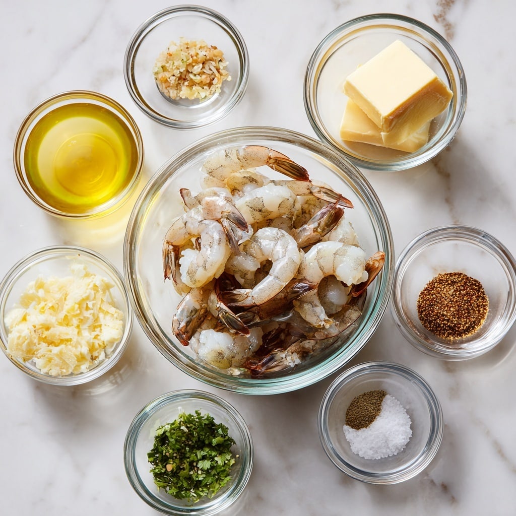 A clear glass bowl filled with peeled shrimp shows layers of white and pink flesh with dark shell parts, placed on a white marbled surface. Around it, seven small clear glass bowls hold different ingredients: light yellow lime juice, a square block of pale butter, finely chopped bright yellow garlic, finely chopped dark green cilantro, soft brown cumin powder, coarse black pepper, and white salt. Each bowl is neatly arranged, creating a colorful and organized spread of fresh and dry ingredients. Photo taken with an iphone --ar 4:5 --v 7