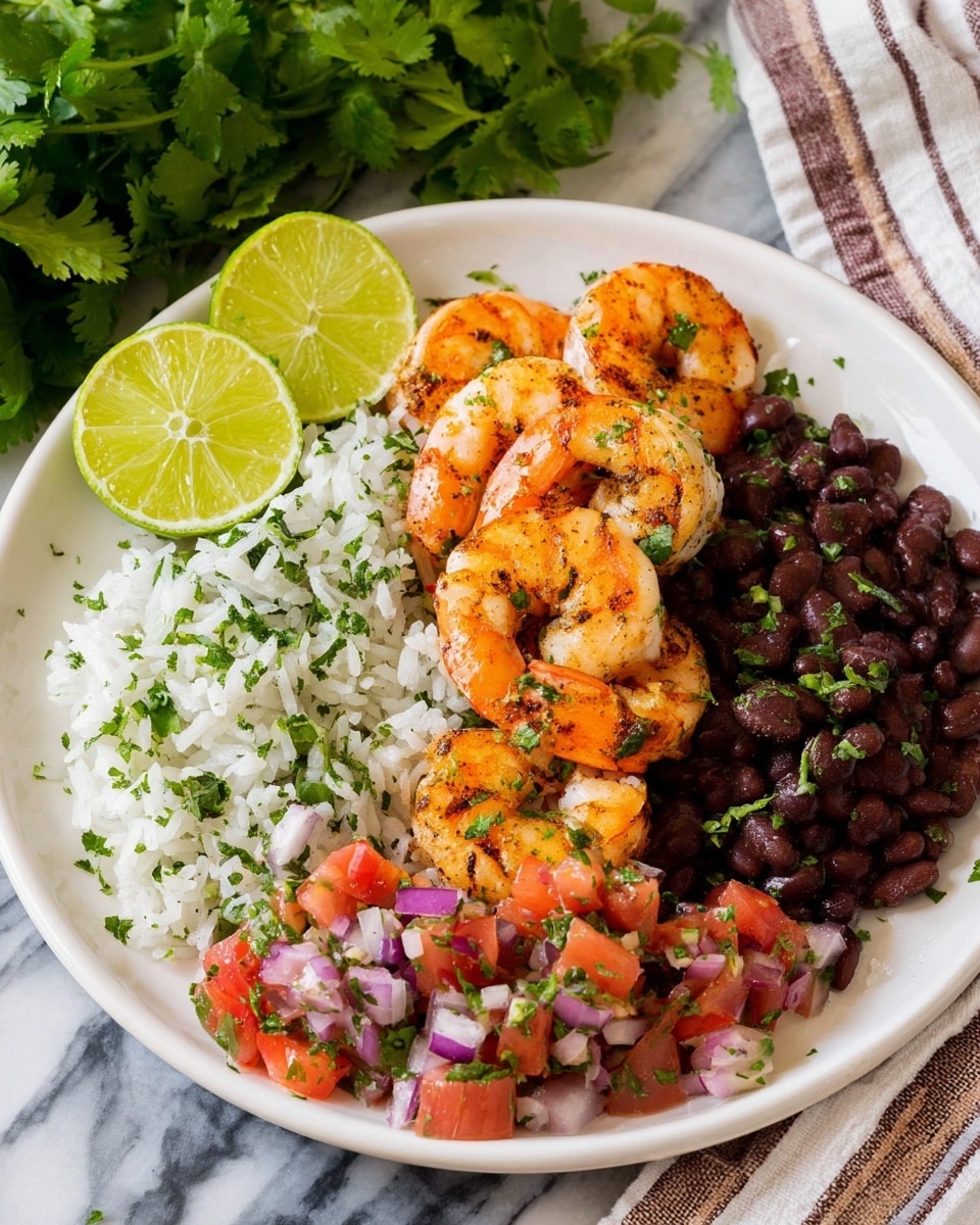 A white plate holds a colorful shrimp dish with four layers: in the bottom left, a layer of white rice mixed with green herbs; in the bottom right, a layer of fresh salsa made of small red tomato, purple onion, and green herb pieces; to the right, a pile of shiny dark brown beans; on top, five large orange shrimp sprinkled with chopped green herbs. On the left edge of the plate are three slices of bright green lime. The plate is on a white marbled surface, with green leafy herbs in the background and a striped cloth napkin nearby. Photo taken with an iphone --ar 4:5 --v 7