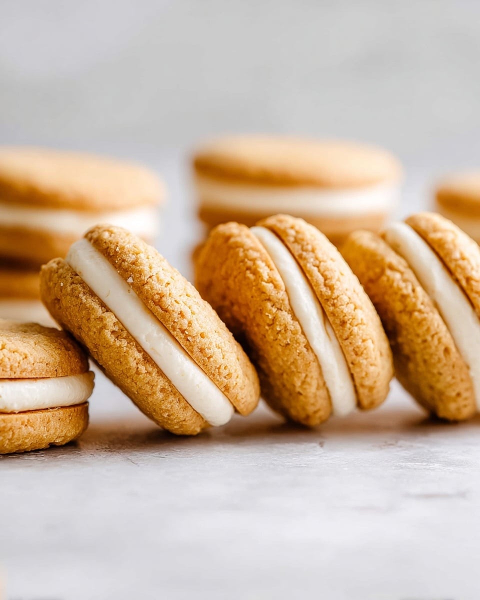 A close-up view of several sandwich cookies lined up sideways on a white marbled surface, each cookie having two light brown, slightly textured round biscuit layers with a thick layer of smooth white cream filling in the middle, showing the even spread of cream between the biscuits, the colors warm and soft with a gentle focus on the front row of cookies while the background softly blurs, photo taken with an iphone --ar 4:5 --v 7