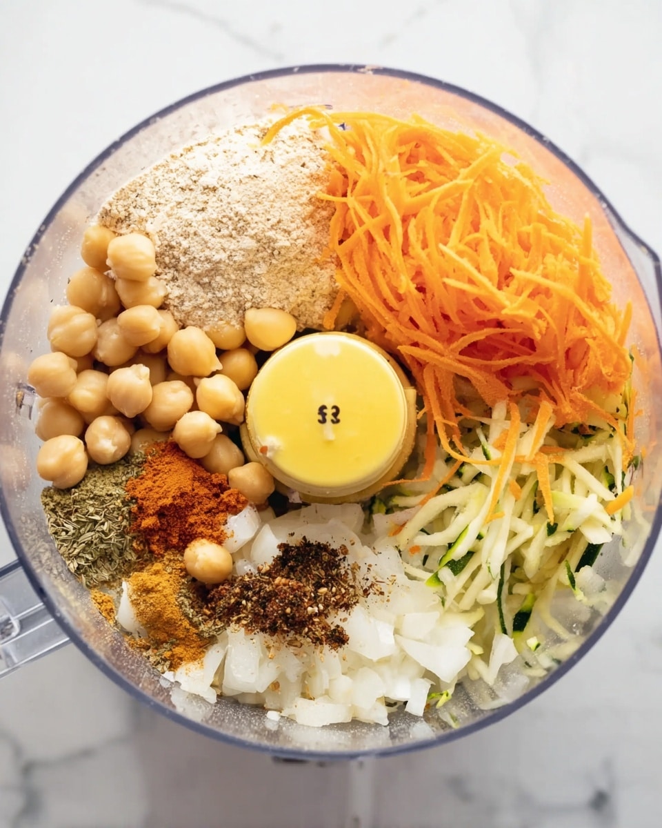 A clear food processor bowl shows several separated layers of ingredients arranged in sections from a top view. One section contains round, beige chickpeas; next to it is a light beige powder layer resembling oats or flour. Another section features two bright yellow raw egg yolks. There are thin strips of shredded orange carrots mixed with shreds of light green zucchini. Nearby, white onion pieces and a mix of dark and light spices, including some brownish-red powder, are visible. The food processor is placed on a white marbled surface. photo taken with an iphone --ar 4:5 --v 7