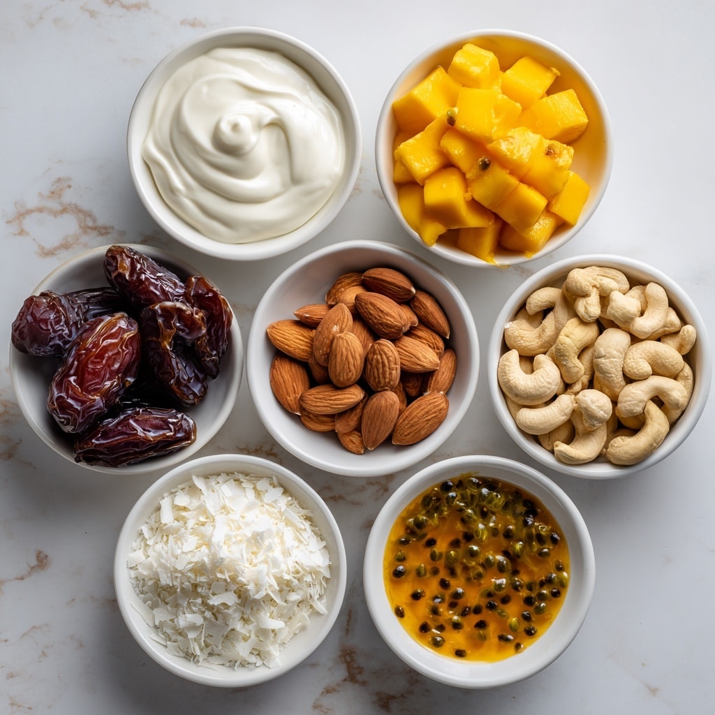 The image shows nine small white bowls arranged on a white marbled surface, each with a different ingredient. At the top center is a bowl filled with smooth, white dairy-free yogurt. To the right is a bowl heaped with bright yellow-orange mango chunks that look soft and fresh. Below the mango, a bowl holds pale beige cashews, full and whole. In the middle left, a bowl has dark brown dates with a wrinkled texture. Next to it, a bowl filled with whole light brown almonds, smooth and dry. Below the almonds is a bowl with dark amber maple syrup, glossy and thick. To the right of the syrup is a small bowl with creamy white cacao butter flakes. Lastly, at the bottom left, a bowl of fine white cornstarch powder sits next to a bowl of passionfruit pulp filled with yellow juice and black seeds, bubbling slightly on top. Each bowl is neatly presented, creating a colorful and textured display photo taken with an iphone --ar 4:5 --v 7