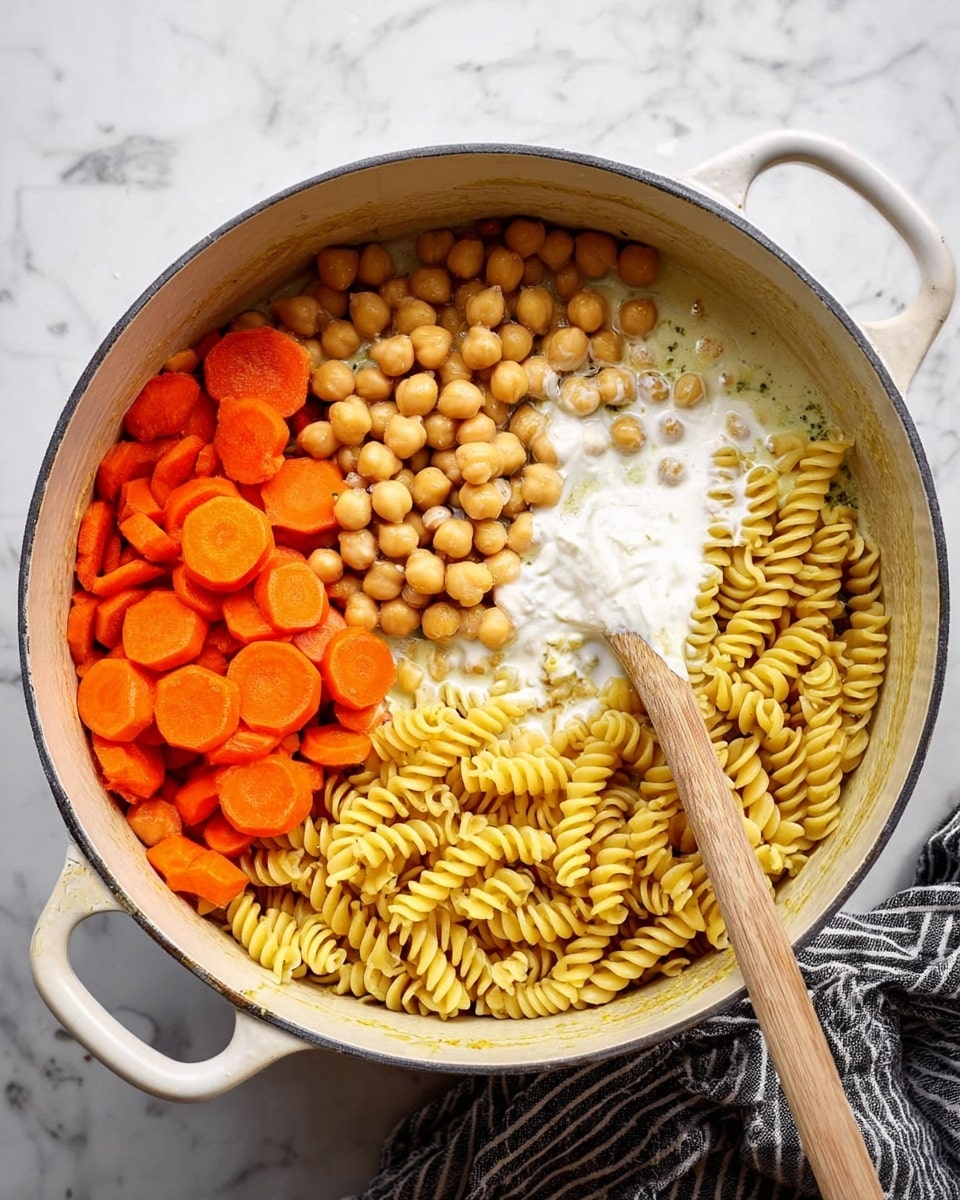 The image shows a white pot on a white marbled surface. Inside the pot, there are four layers: bright orange sliced carrots on the left, beige cooked chickpeas on the top right, yellow uncooked spiral pasta at the bottom right, and a white creamy liquid in the middle left. A wooden spoon with white cream on its tip is resting inside the pot, partly covered by the pasta and cream. A black and white striped cloth is visible next to the pot on the right side. Photo taken with an iphone --ar 4:5 --v 7