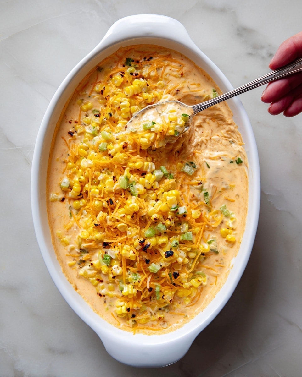 A white oval dish filled with a creamy pale orange sauce at the bottom. On top of the sauce, there are bright yellow grilled corn pieces with small black char marks scattered, adding texture and contrast. Mixed with the corn are thin, shredded orange cheese pieces and small bits of green, likely jalapeño, spread unevenly across. A woman's hand holding a spoon is scooping up some of the creamy sauce and corn mix from the right side. The dish sits on a white marbled surface. photo taken with an iphone --ar 4:5 --v 7