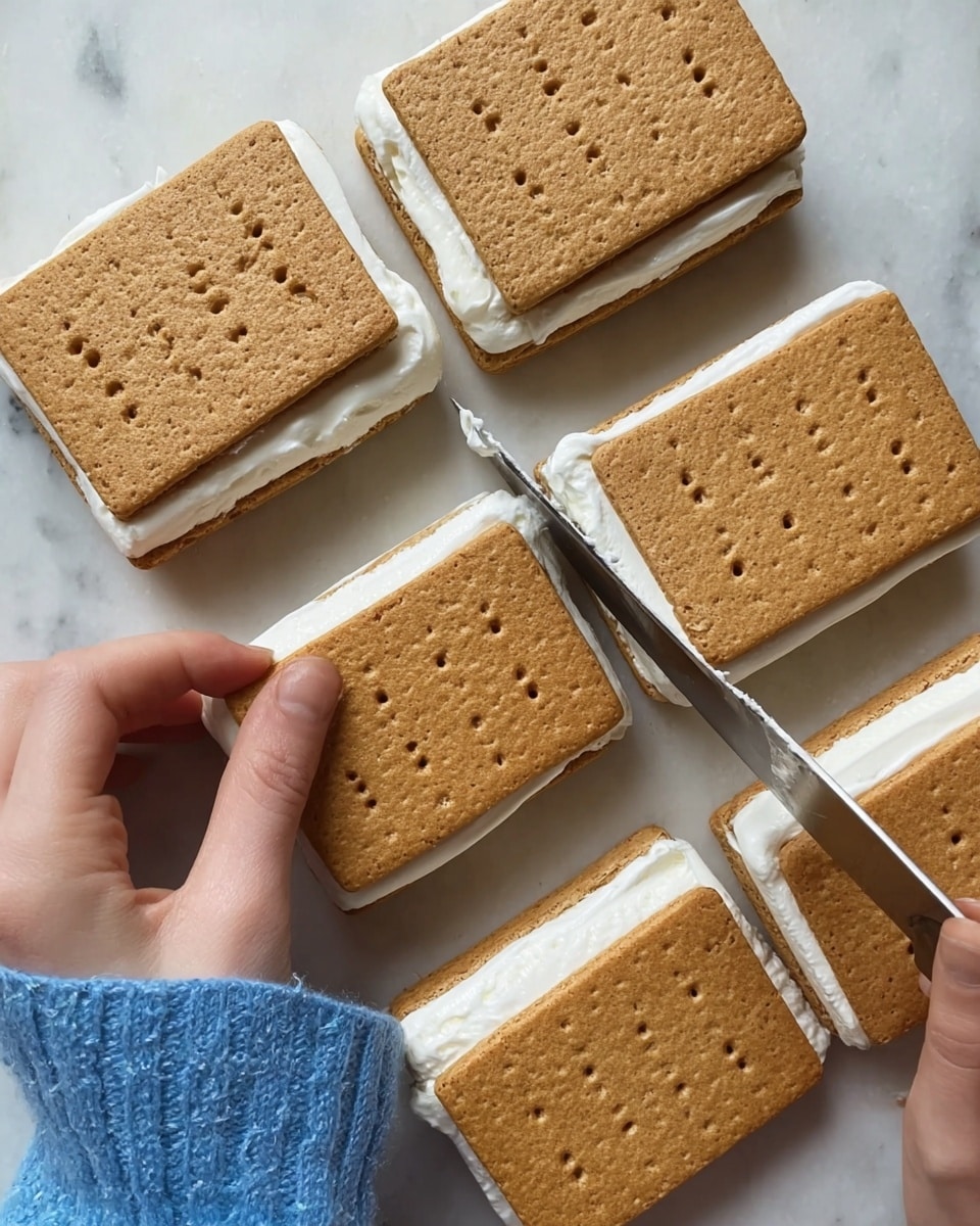A close-up view of six square ice cream sandwiches arranged in two rows on a white marbled surface, each sandwich having two light brown, textured graham cracker layers with small evenly spaced holes, and a thick, smooth white ice cream layer in the middle. A woman's hand wearing a blue knit sleeve is gently pressing on one sandwich while the other hand uses a knife to cut through the treats. The overall look is clean and simple, highlighting the contrast between the crunchy crackers and the soft ice cream inside. Photo taken with an iphone --ar 4:5 --v 7