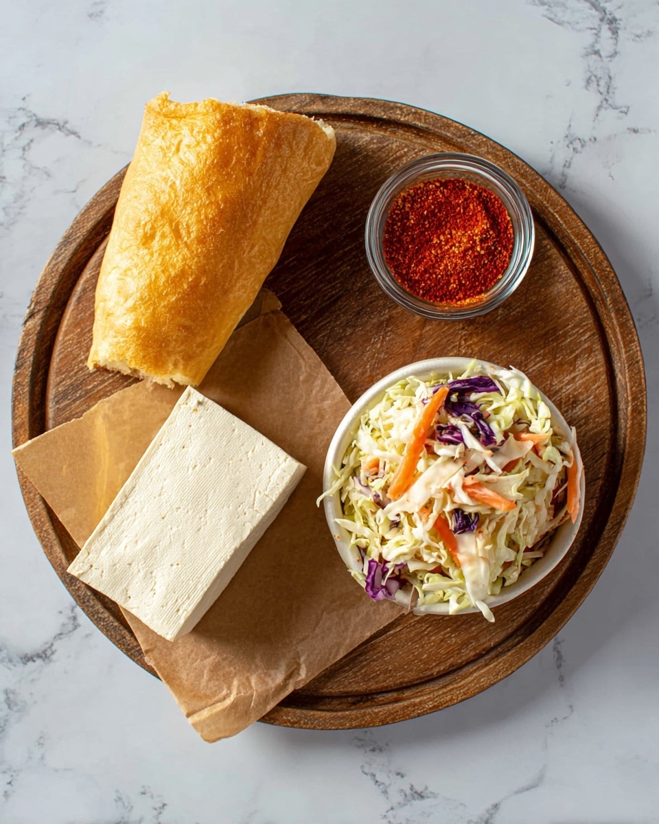 The image shows a round wooden board placed on a white marbled surface. On the board, there is a small white bowl filled with shredded cabbage that includes white cabbage, thin orange carrot strips, and pieces of purple cabbage. Next to the bowl, there is a block of tofu resting on brown parchment paper. To the left of the tofu, there is a piece of golden brown bread with a slightly crusty texture. Above the bread, there is a small clear glass bowl filled with bright red spice powder. The photo taken with an iphone --ar 4:5 --v 7