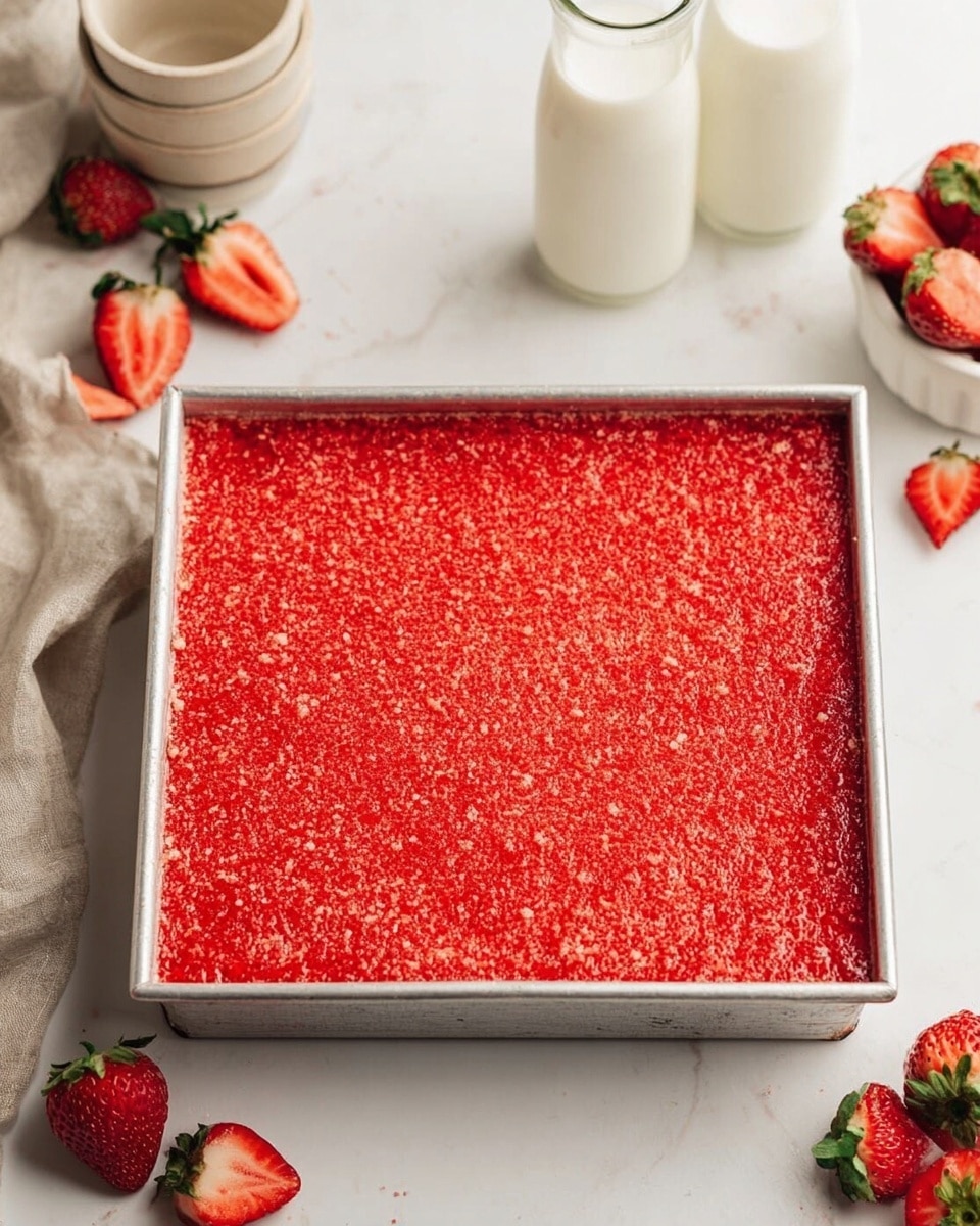 A square metal baking pan filled with a bright red layer of finely crushed strawberry topping spread evenly across the surface. The texture looks slightly grainy with small bits of strawberry pieces mixed in. Around the pan, there are fresh whole and halved strawberries scattered on a white marbled surface, with two small clear glass bottles filled with white milk in the background. Some beige and white ceramic cups and a cloth napkin are partially visible, enhancing the simple and fresh setting. Photo taken with an iphone --ar 4:5 --v 7