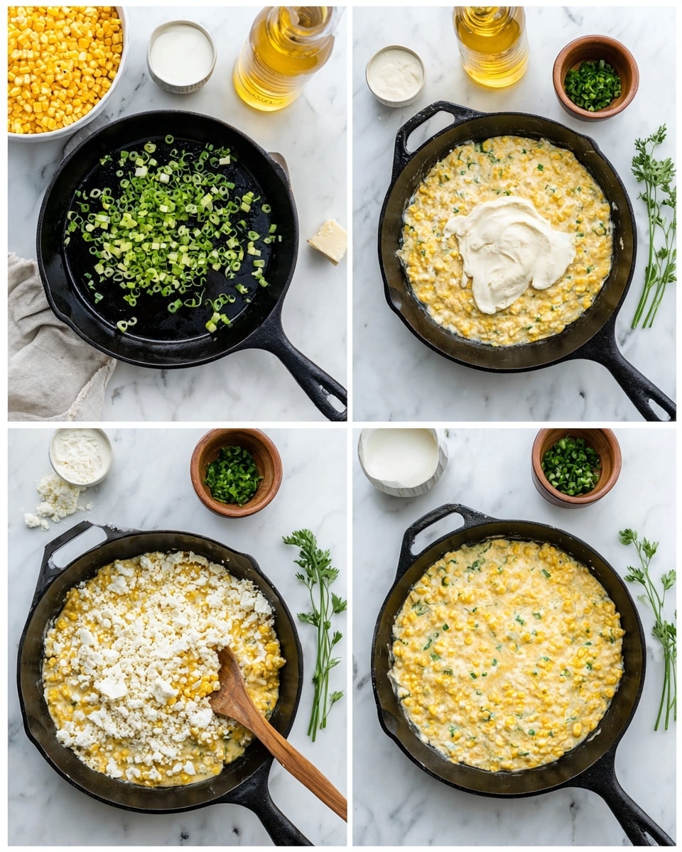 The image shows four steps of making a creamy corn dish in a black cast iron skillet placed on a white marbled surface. The top left shows the skillet with chopped green onions sizzling in oil, surrounded by a white bowl of bright yellow corn and some ingredients like a glass bottle of oil and white cheese. The top right shows the skillet filled with a creamy mixture of corn, with a white measuring cup of sour cream, fresh green chopped herbs in small white and brown bowls placed around it. The bottom left shows a wooden spoon mixing the creamy corn mixture more thickly with visible white cheese crumbles and herbs next to the skillet. The bottom right shows the skillet filled to the top with a smooth, creamy corn layer mixed with green bits, with the same bowls of ingredients arranged neatly around it. photo taken with an iphone --ar 4:5 --v 7