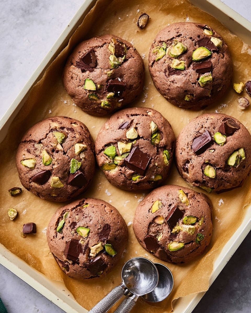 There are eight round brown cookies on a white tray lined with light brown parchment paper. Each cookie has uneven surfaces with chunks of dark brown chocolate and small green pieces of pistachio nuts embedded throughout. The cookies appear soft and slightly cracked on top. In the bottom right corner, there are three metal cookie scoops stacked together. The tray is placed on a white marbled texture background. photo taken with an iphone --ar 4:5 --v 7