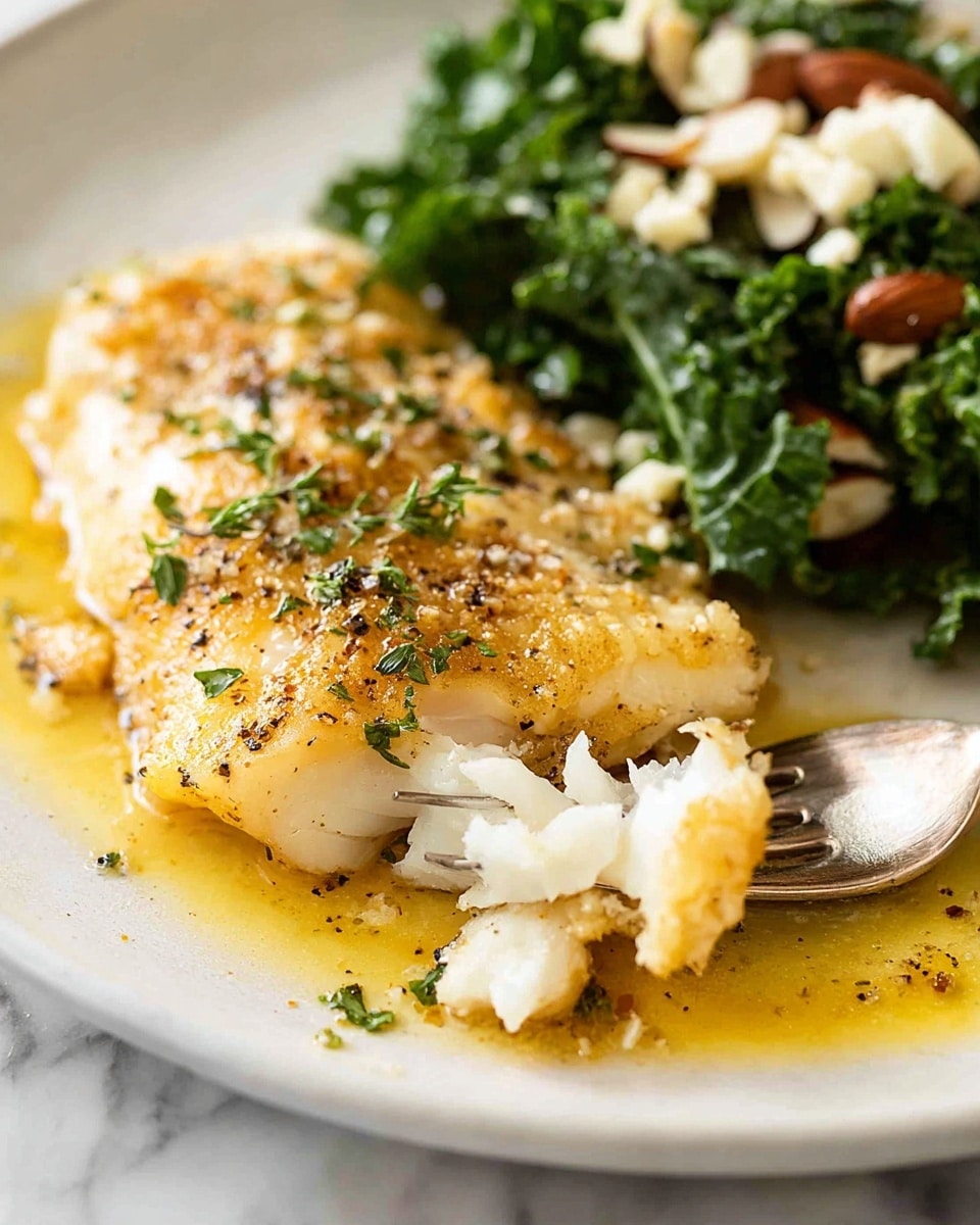 The image shows a close-up of a white plate with a piece of golden brown cooked fish on the left side, its flaky white inside partly broken by a silver fork on the right. The fish is sprinkled with small green herbs and black pepper, sitting in a pool of light yellow melted butter with some browned bits. On the upper right side of the plate, there is a serving of leafy green kale mixed with white crumbled cheese and a few whole almonds, all on a white marbled surface. Photo taken with an iphone --ar 4:5 --v 7