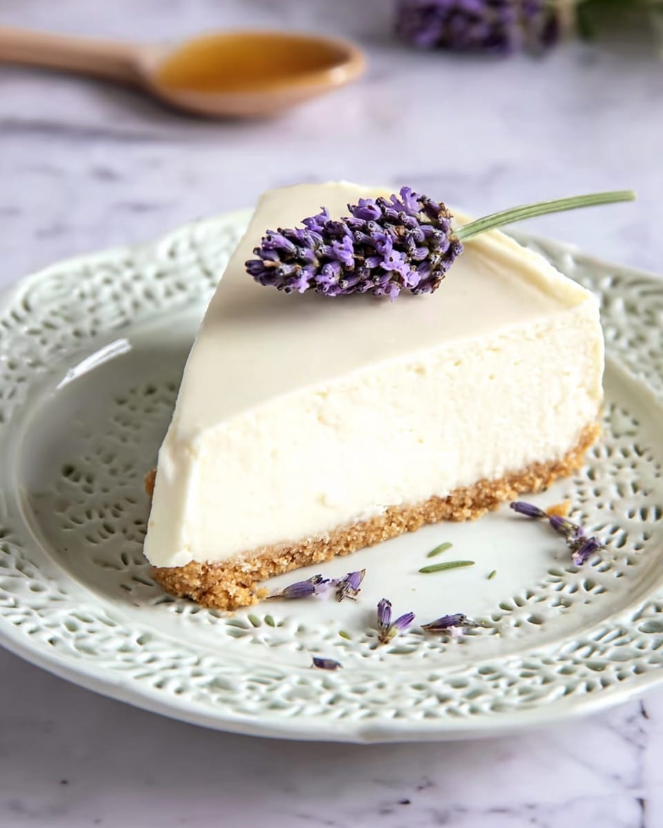 A slice of creamy white cheesecake with a smooth texture sits on a white plate with a detailed lace-like pattern. The cheesecake has two visible layers: a thick, soft white top layer and a thinner, crumbly light brown crust at the bottom. On top of the cheesecake slice, there is a small purple lavender flower with a green stem and tiny purple buds scattered nearby. The whole scene is placed on a white marbled surface. photo taken with an iphone --ar 4:5 --v 7