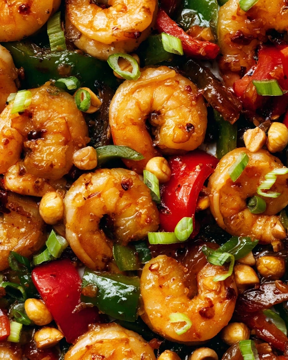 The image shows a close-up of a shrimp dish with about four layers of ingredients. The top layer features shiny, orange-brown cooked shrimp with a slightly glazed texture, placed evenly throughout the dish. Mixed among the shrimp are bright red pieces of bell pepper, dark green chunks of green pepper, and small round light brown nuts, adding color contrast. There are also bits of chopped green onions sprinkled around, adding a fresh green touch. The shrimp and vegetables have a slightly oily, glossy appearance with some black specks of seasoning. The background and edges suggest the dish is served on a white marbled surface. photo taken with an iphone --ar 4:5 --v 7