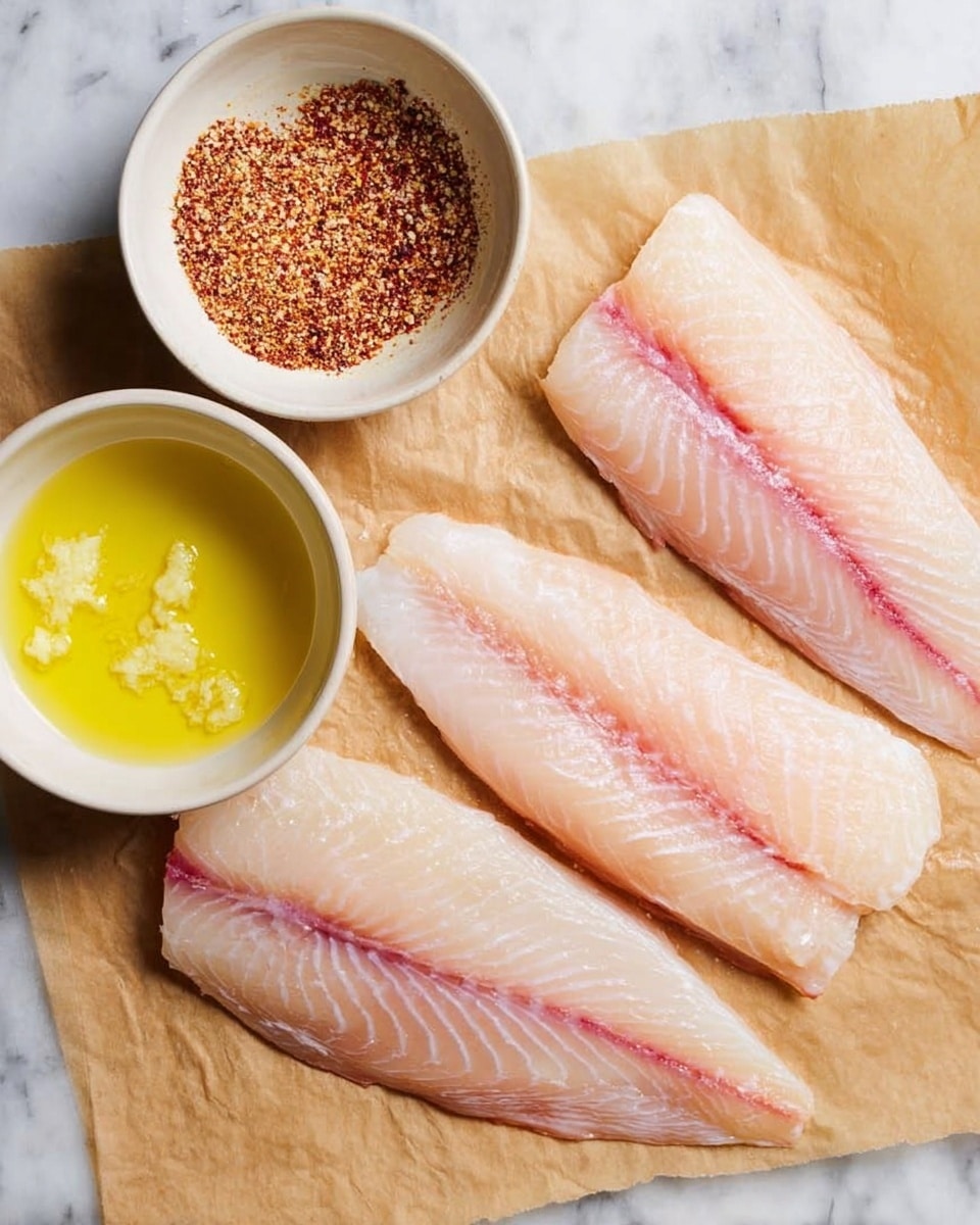 The image shows four pieces of raw fish fillets placed on brown paper on a white marbled surface. To the left, there are two white bowls, one filled with melted butter that has a smooth shiny texture, and the other containing a dry spice mix with a mix of warm brown and red colors and a coarse texture. The fish fillets are light pink with a slightly translucent appearance and fine lines running lengthwise. The white marbled surface has subtle gray veins running through it. photo taken with an iphone --ar 4:5 --v 7