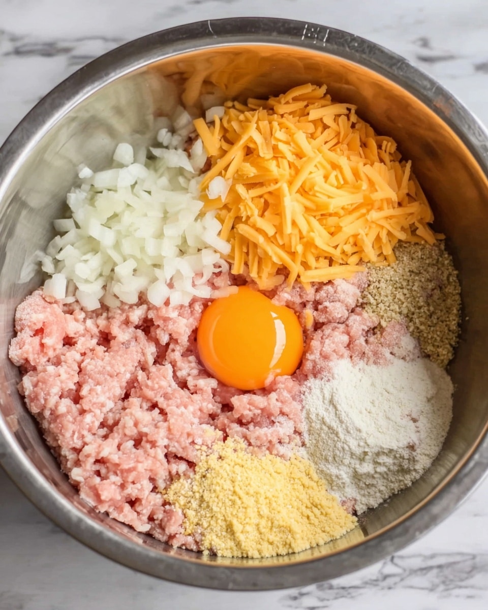 In a large silver mixing bowl, there are several ingredients placed separately with clear layers and colors: bright orange shredded cheese on the left, next to it light pink ground meat occupying the center and top left parts of the bowl, a raw egg with a bright yellow yolk sitting on top towards the back, finely chopped white onions in the front center, a heap of light beige breadcrumbs to the right, and a small pile of minced pale yellow garlic close to the egg. The bowl is set on a white marbled surface. photo taken with an iphone --ar 4:5 --v 7